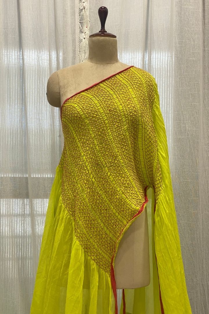 Neon Yellow Smocking Muslin Saree with Pink Border
