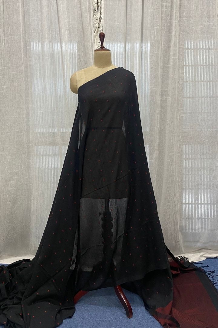 Black Muslin Jamdani Saree with Red Buttis