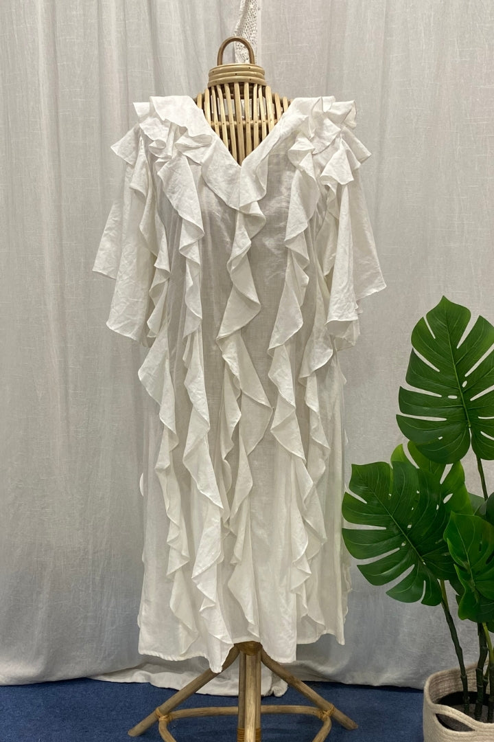 White Handwoven Muslin Ruffle Dress