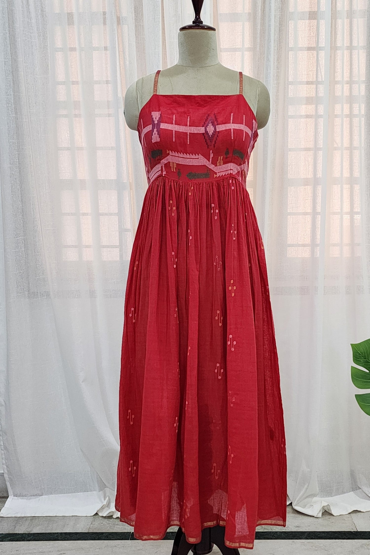 Red jamdani sleeveless maxi dress