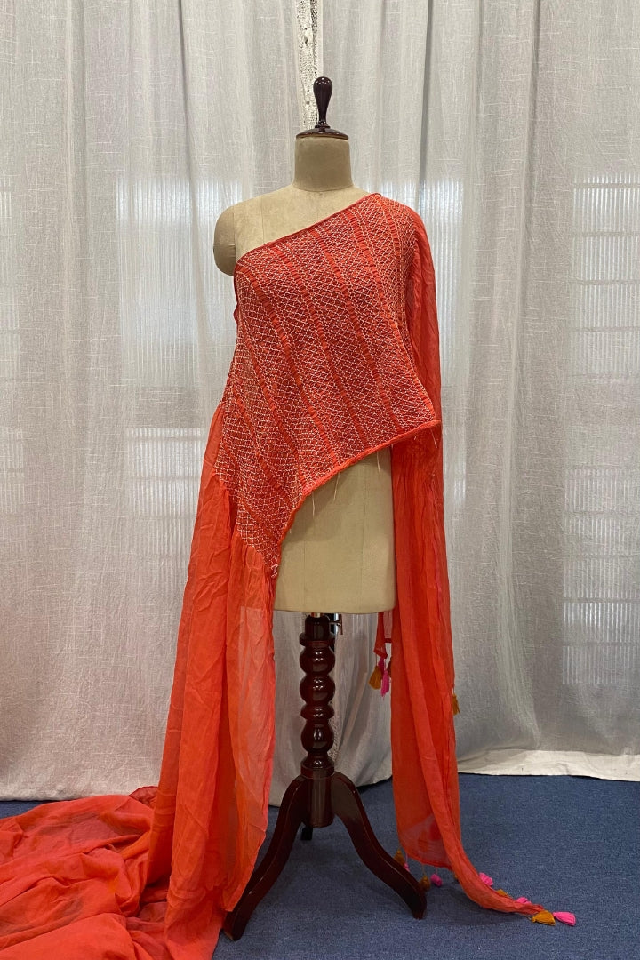 Peach Pink Smocking Muslin Saree with Pink Border