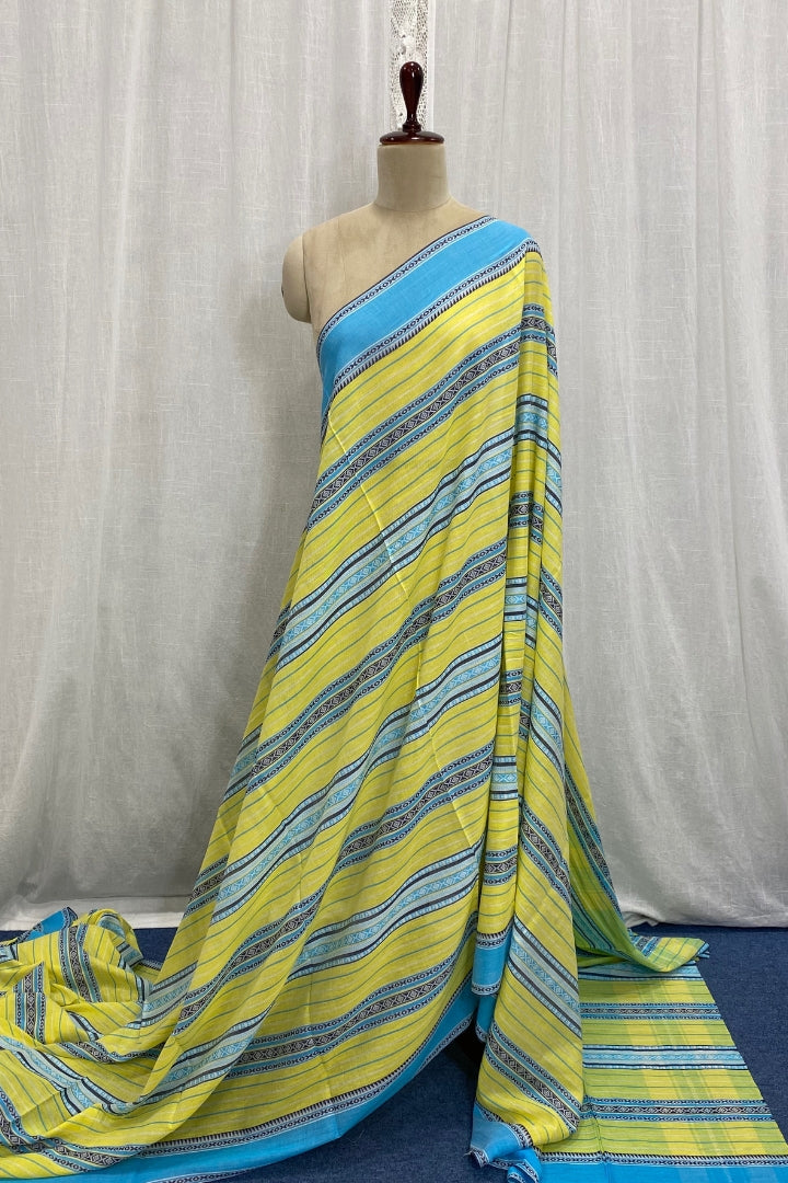 Lime Yellow and Blue Begampuri Cotton Saree