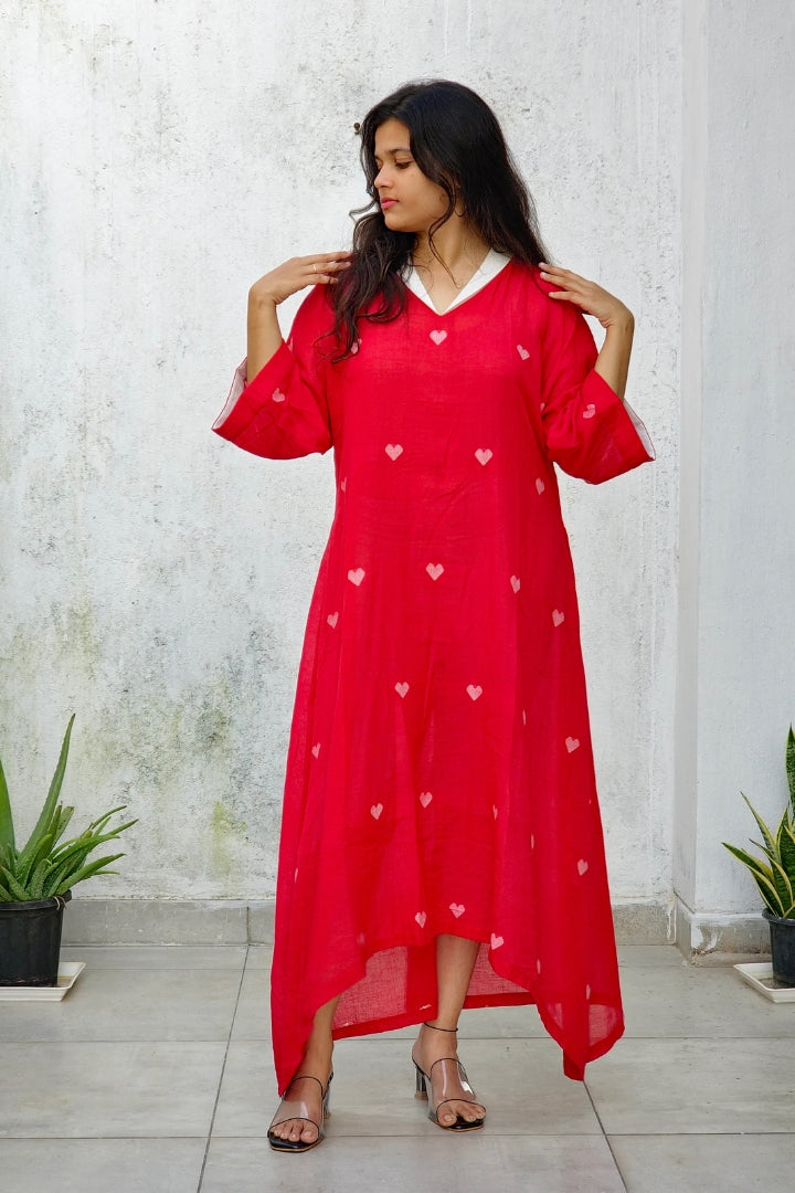 Ruby Red Handwoven Jamdani Heart Motif Asymmetrical Dress
