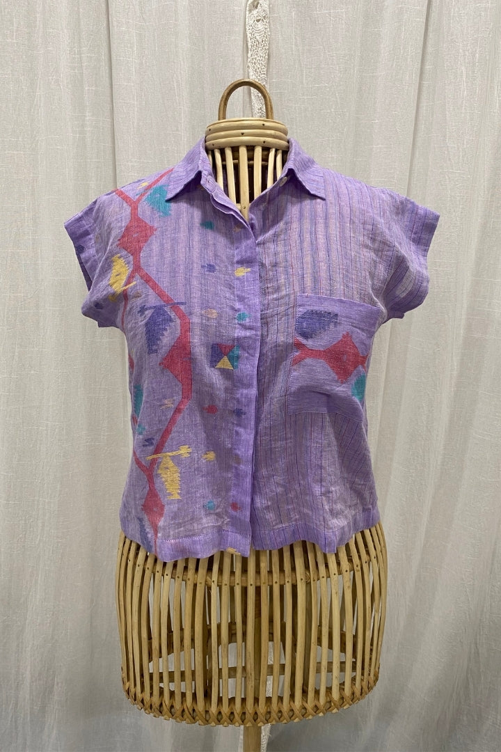 Lavender Muslin Jamdani Shirt with Jamdani Border and Pocket Detailing