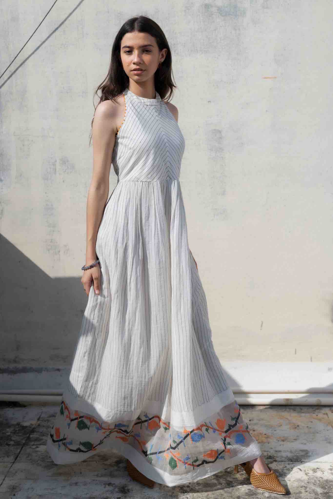 Amalfi Long White Evening Dress , halter neck, soft muslin jamdani - Full