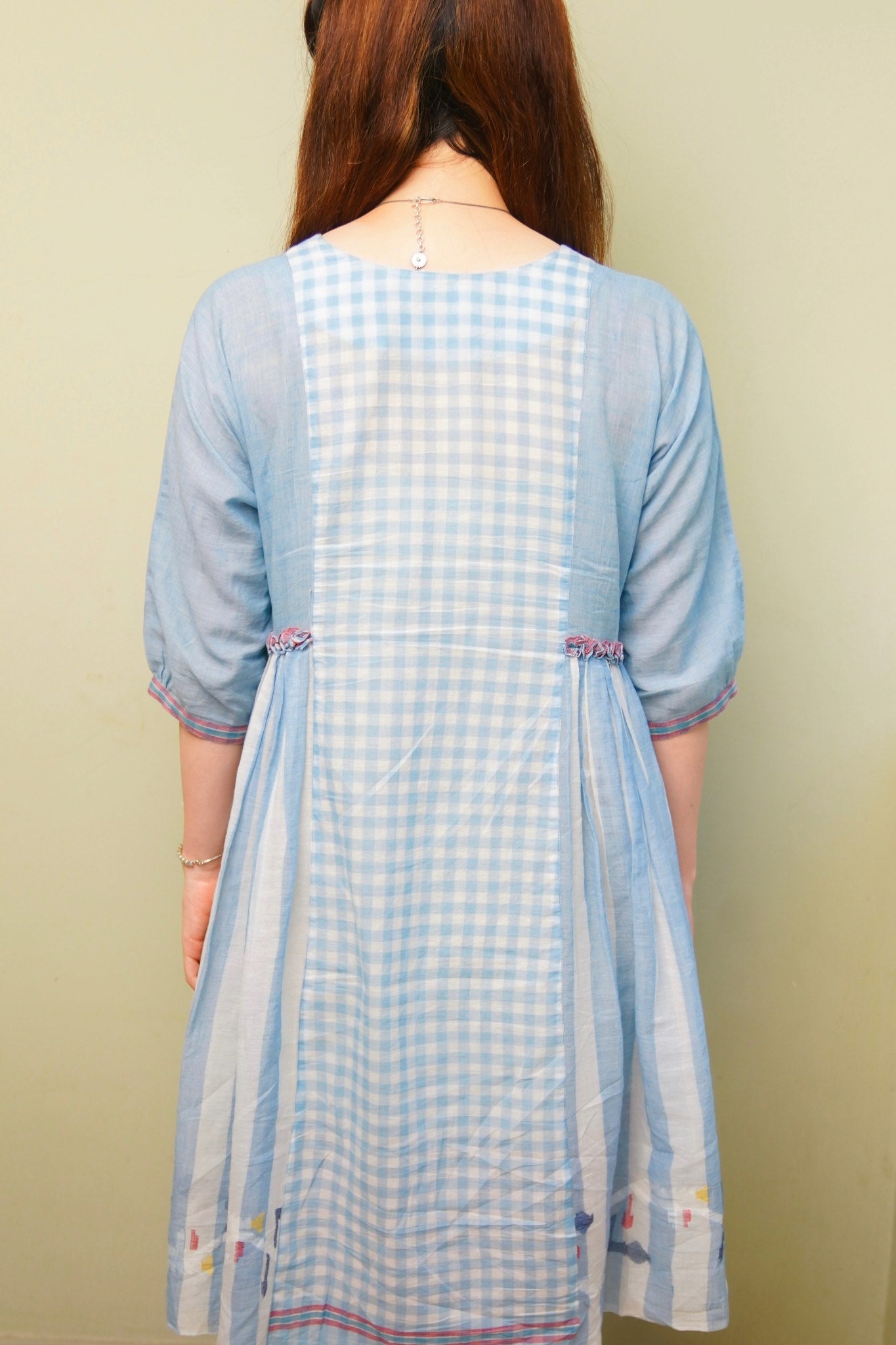 Kochi Blue and White Striped Dress with Checks, Jamdani details - Back