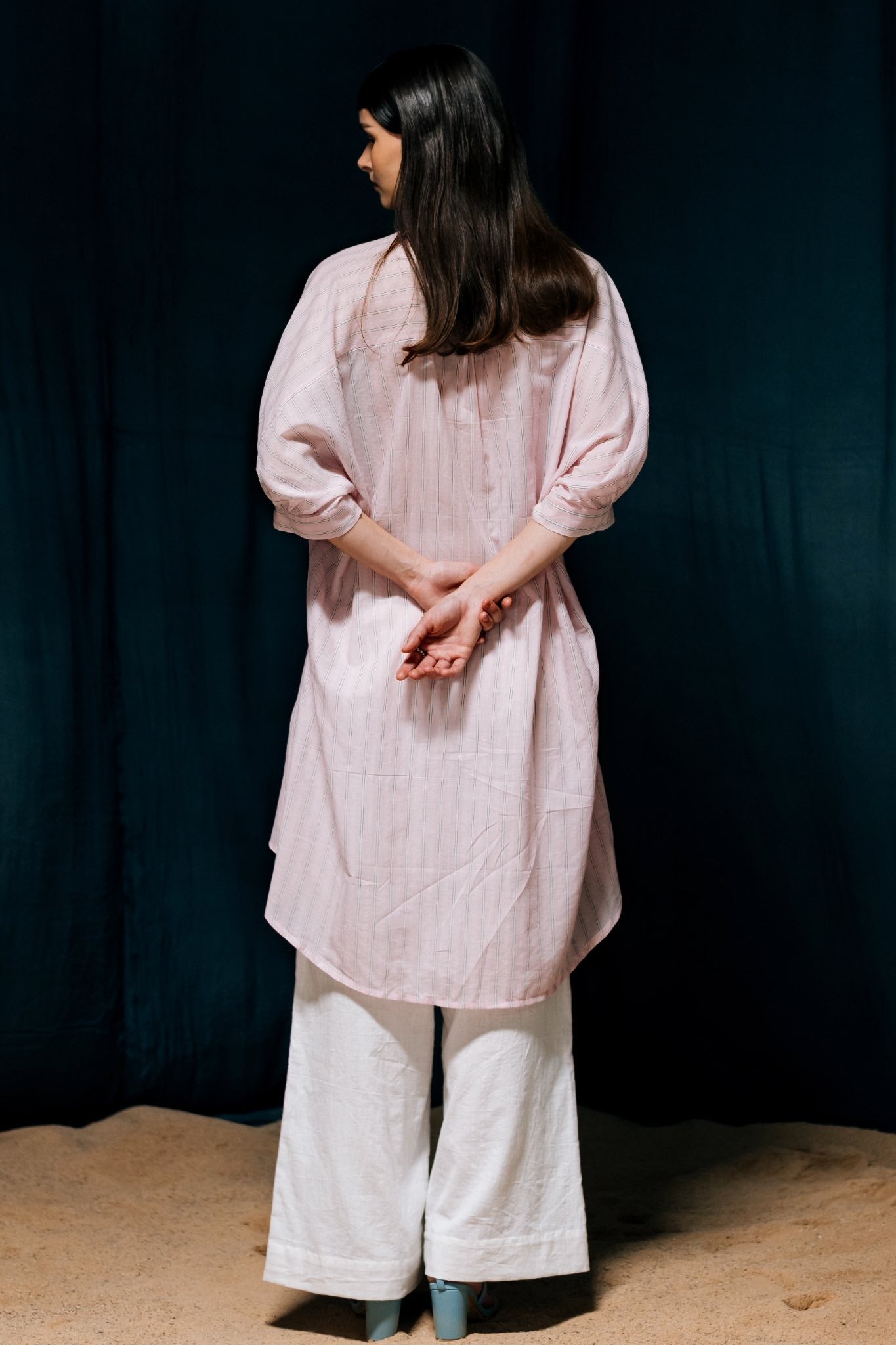 Suman Pink Tunic Shirt, Short front & Long back with cuffs and a bow - Back