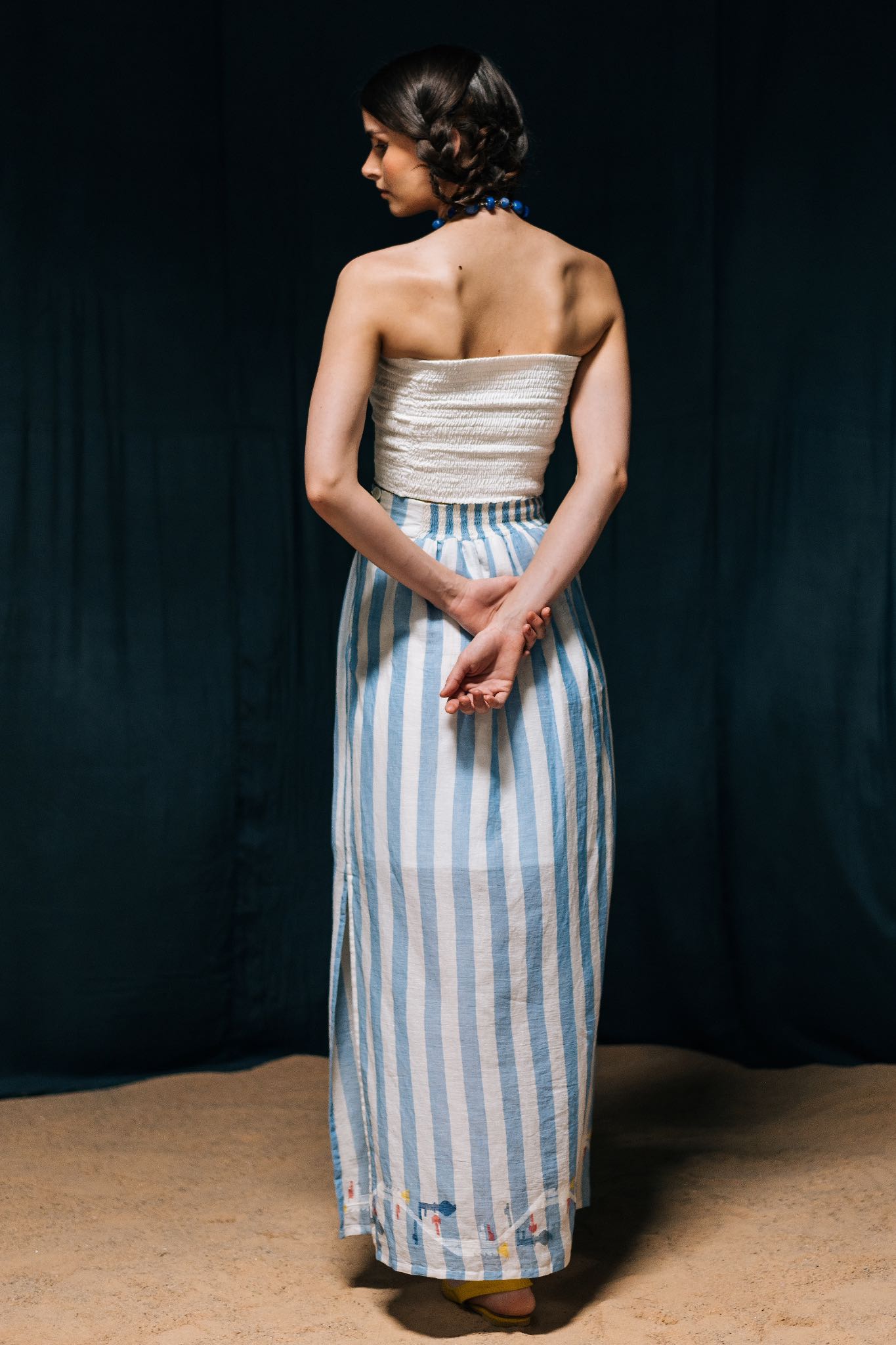 Neeraja Long Skirt with Slit with Blue and White Stripes, Jamdani - Back