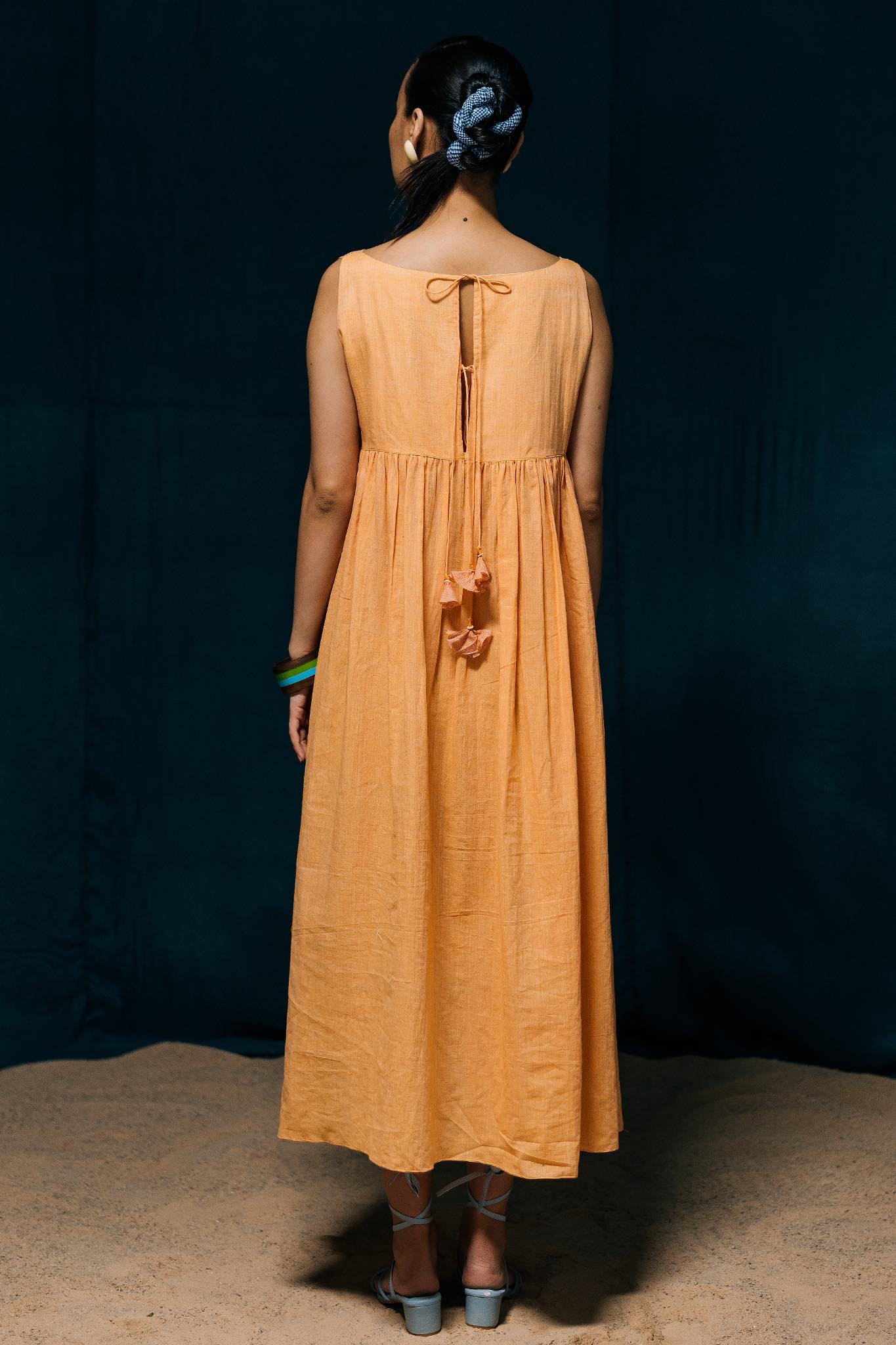Kadambini Reversible Dress, Subtle Peach Checks, Orange, Sleeveless - Back