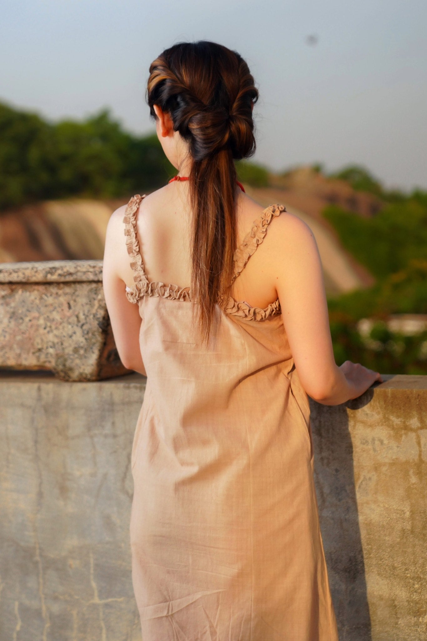 Vienna Strap summer dress from Cappuccino khadi with slit - Back