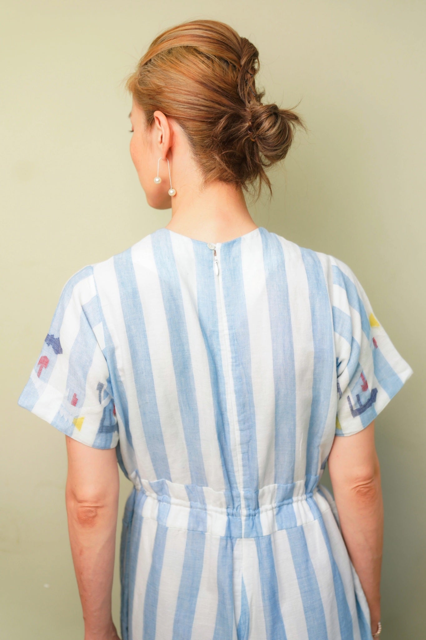 New York Blue and white striped jumpsuit , Jamdani, Drawstring waist - Back