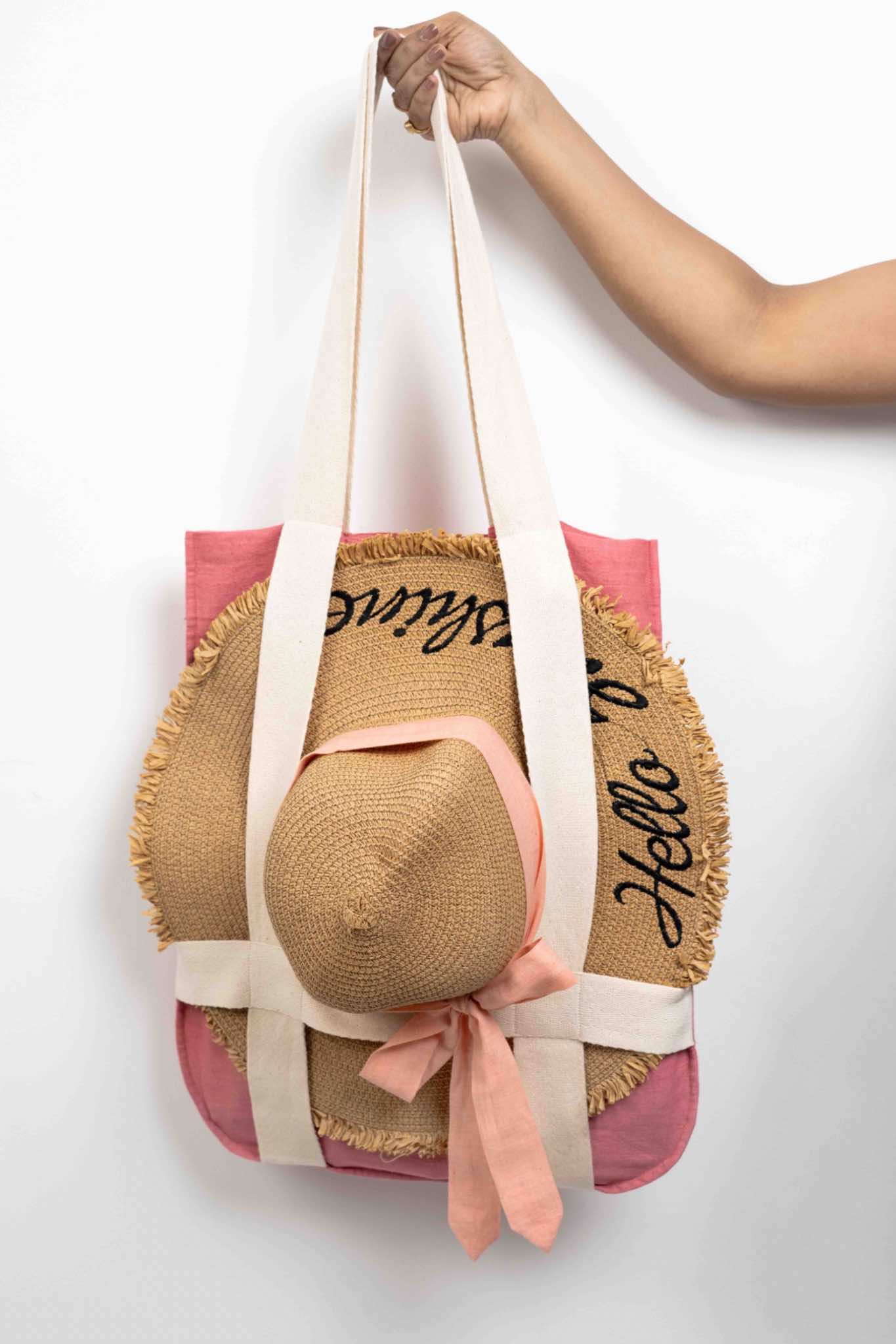 Small Beach Bag - Peach khadi, room for a small towel, Straps hold hat