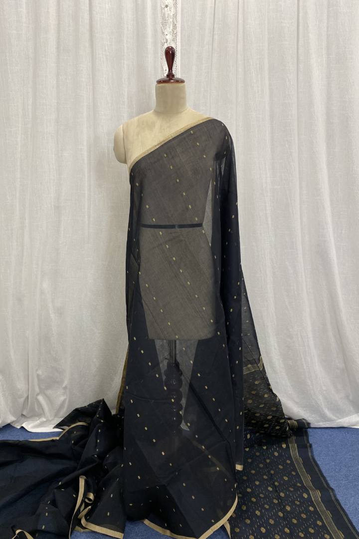Mildly Starched Black Jamdani saree