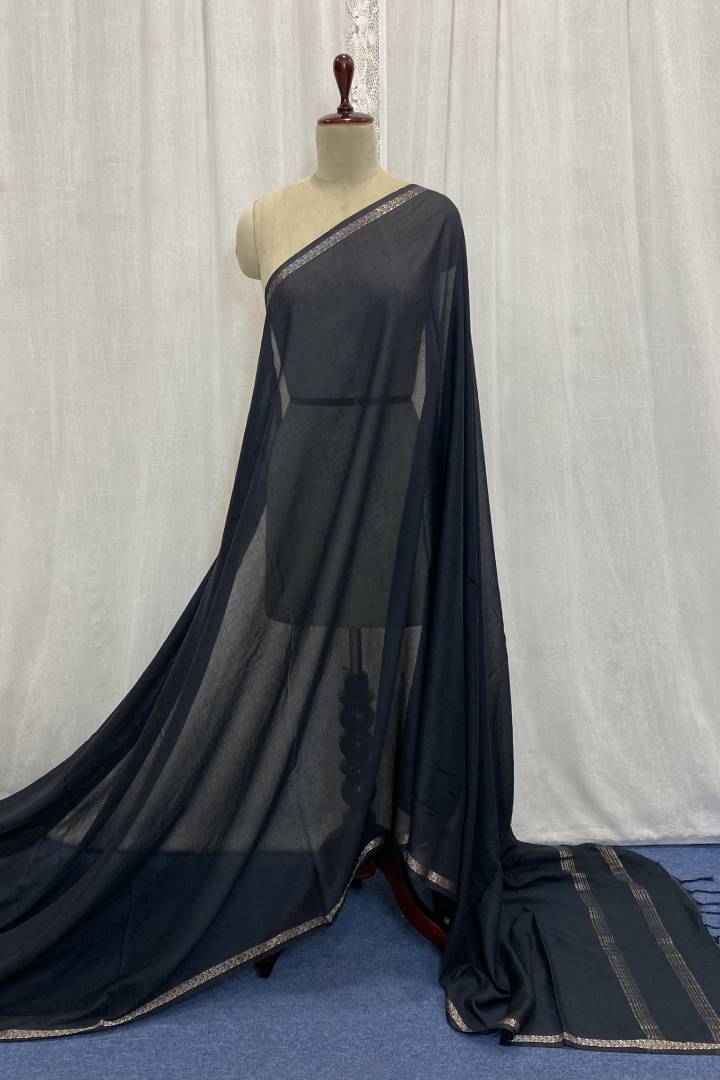 Black Muslin Saree with Zari Border