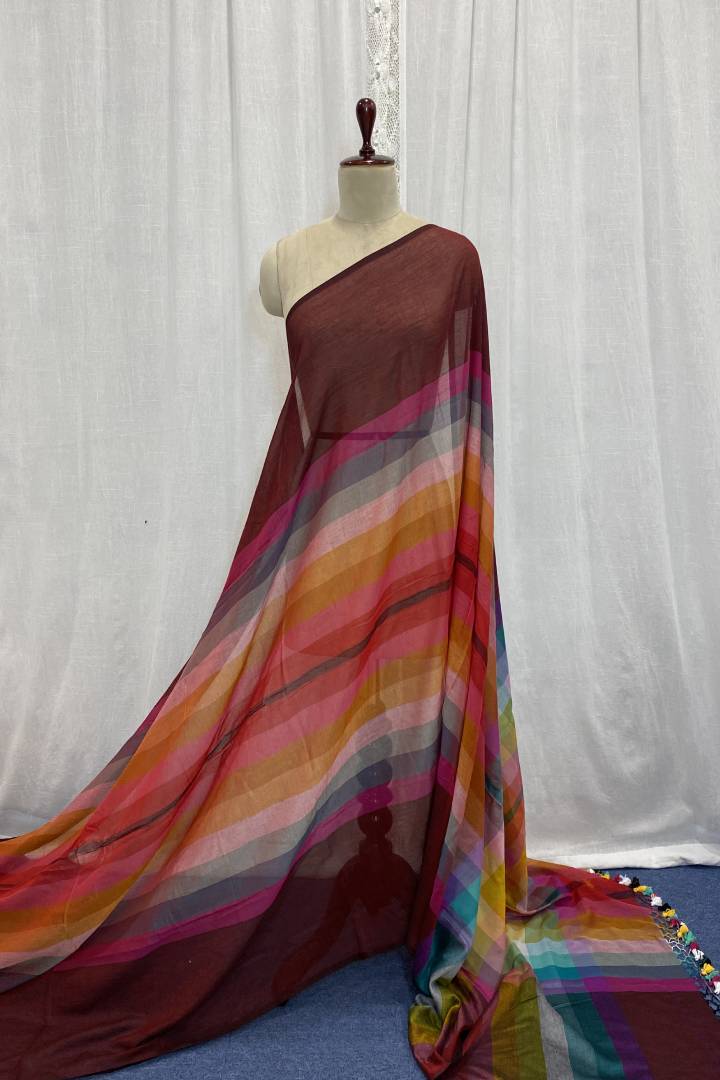 Brown with Multicolour Stripes Muslin Saree