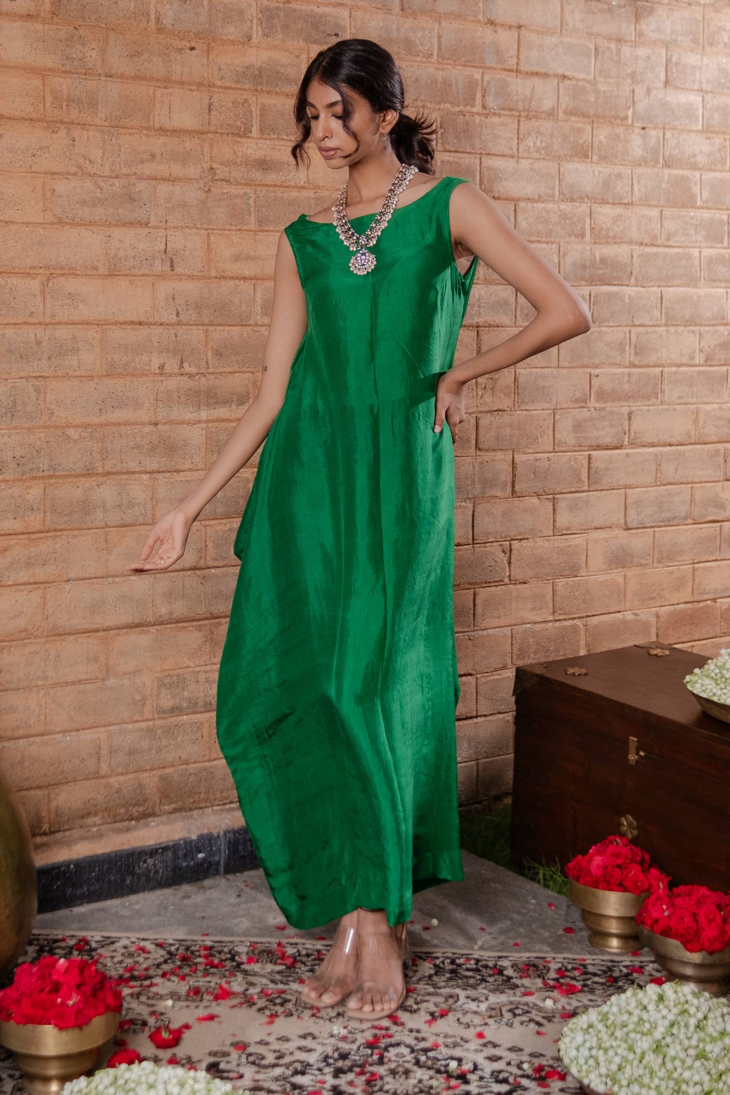 Sleeveless long dress with back cowl neck-Cleopatra Emerald