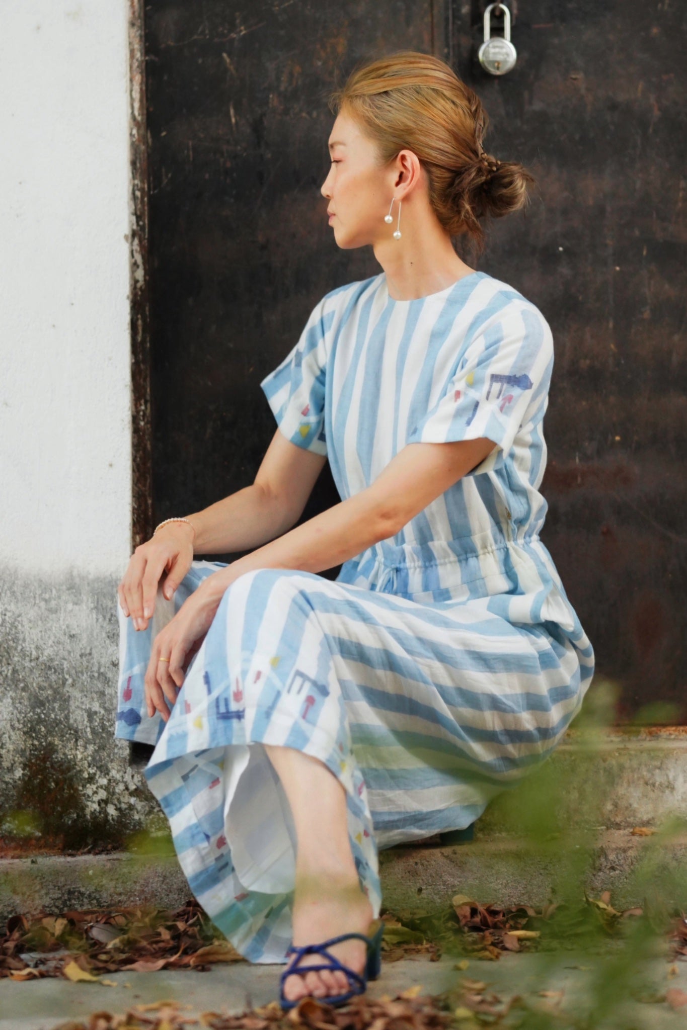 New York Blue and white striped jumpsuit , Jamdani, Drawstring waist - Pose