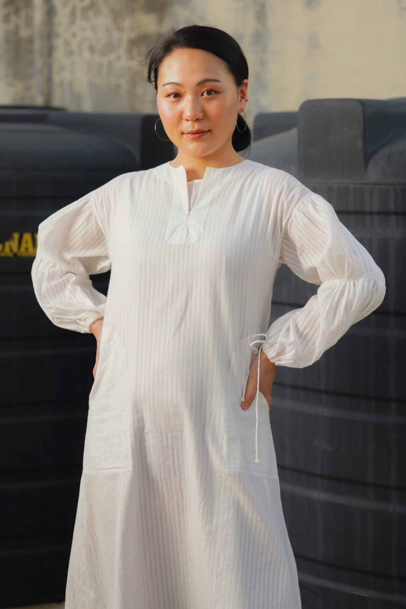 Oxford White Muslin Dress - Super soft,Nightshirt style, Self Stripe - Front