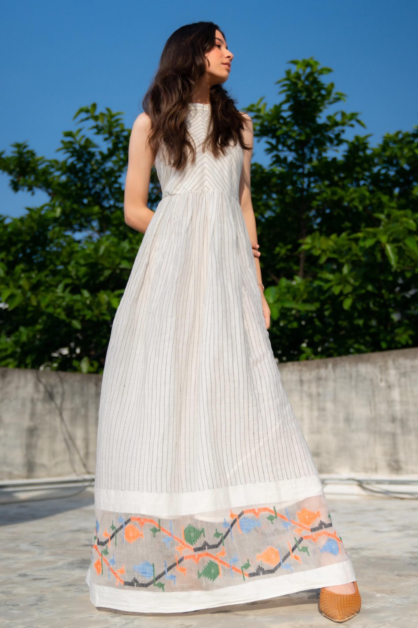 Amalfi Long White Evening Dress , halter neck, soft muslin jamdani - Front