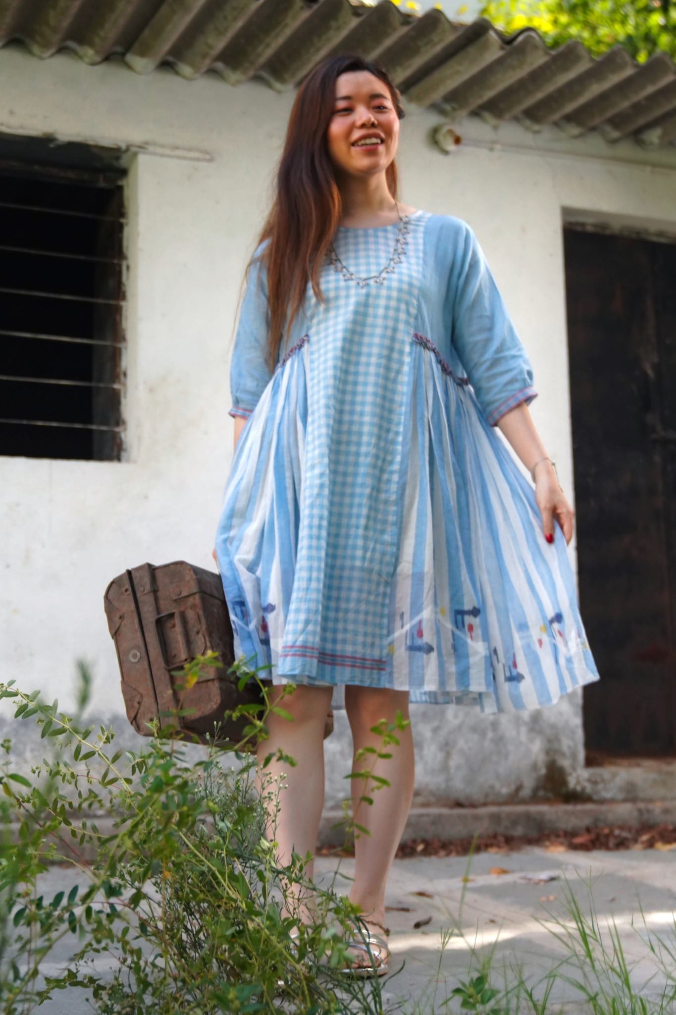 Kochi Blue and White Striped Dress with Checks, Jamdani details - Front