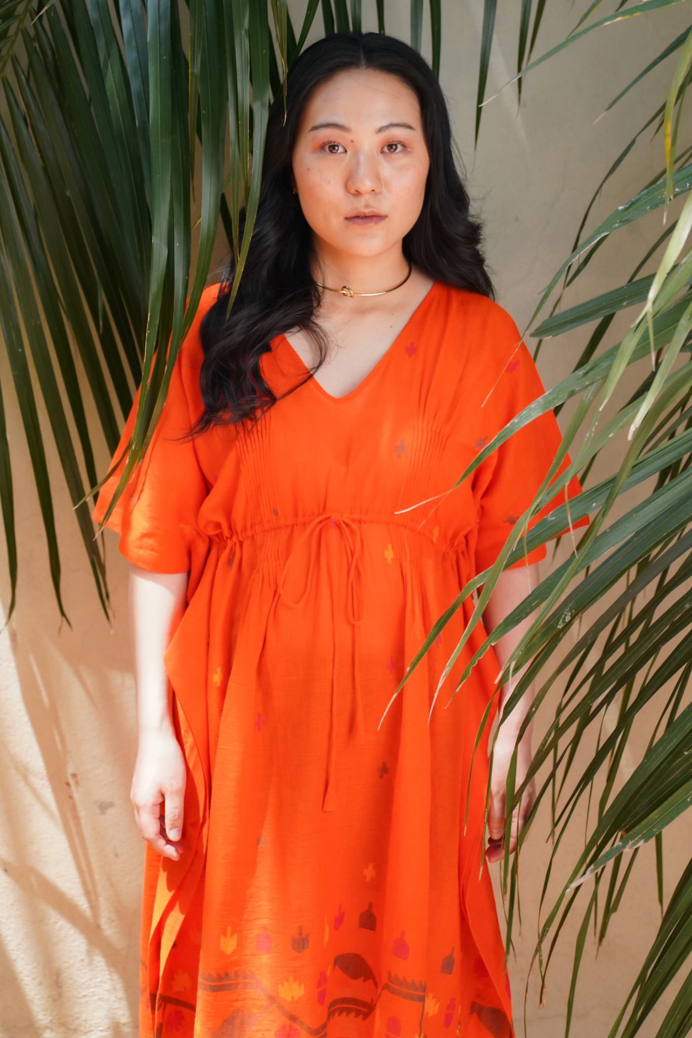 Bora Bora Orange Kaftan Dress with pintucks and drawstring waist - Full
