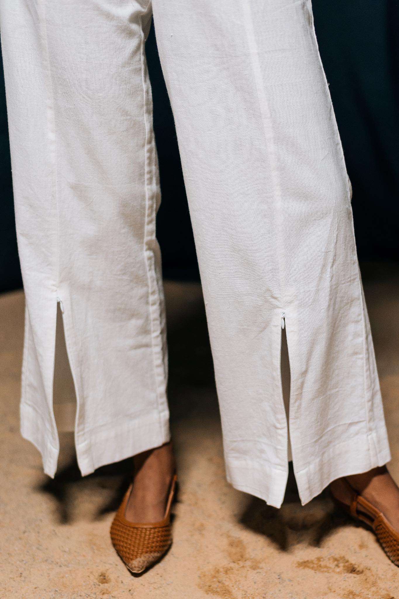 Damini Women's White Summer Trousers in Khadi with zippered slits - Detail
