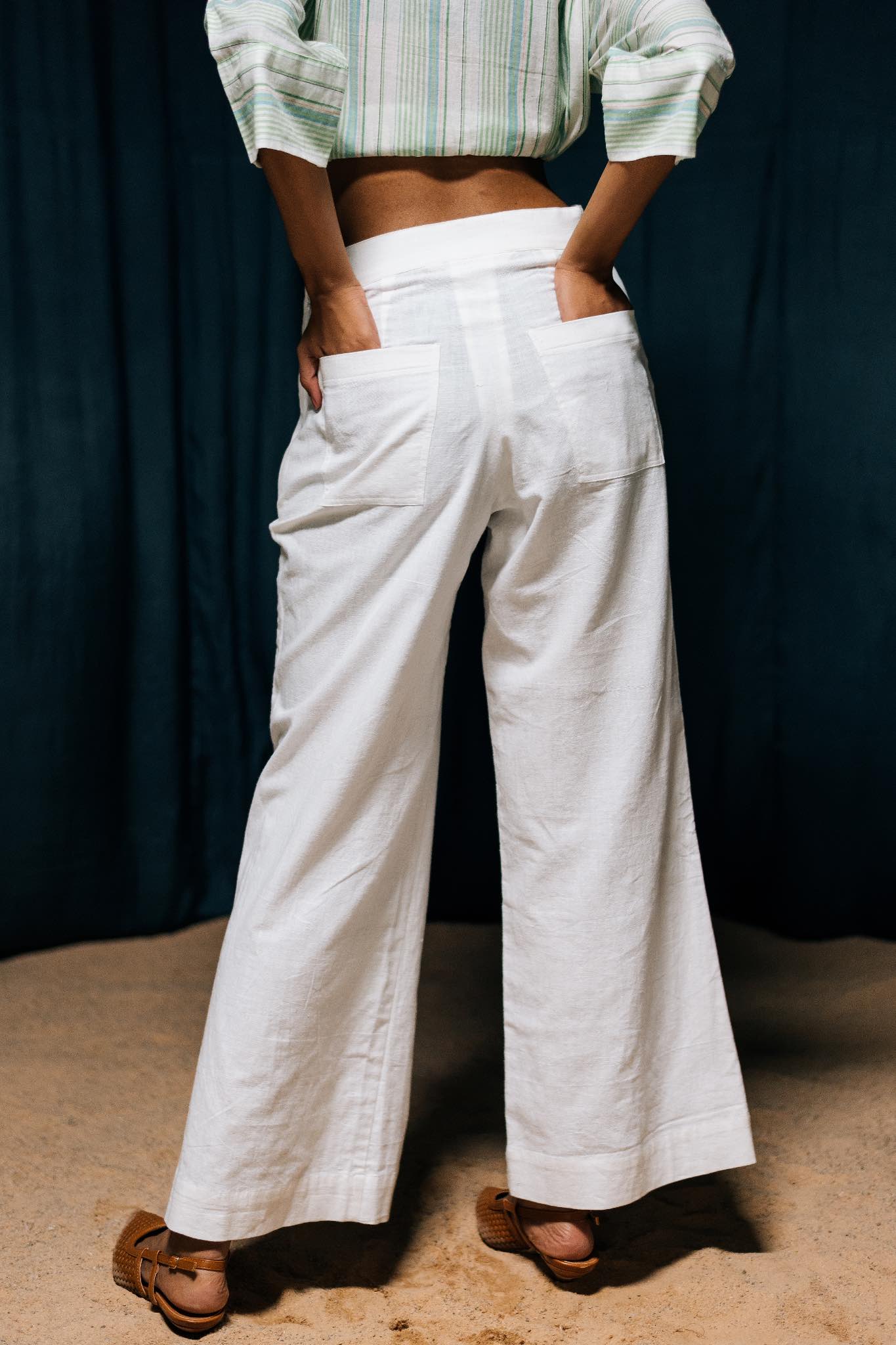 Buy White Suit Set With Palazzo Pants In Khadi Cotton Online - Kalki Fashion
