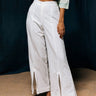 Damini Women's White Summer Trousers in Khadi with zippered slits - Front