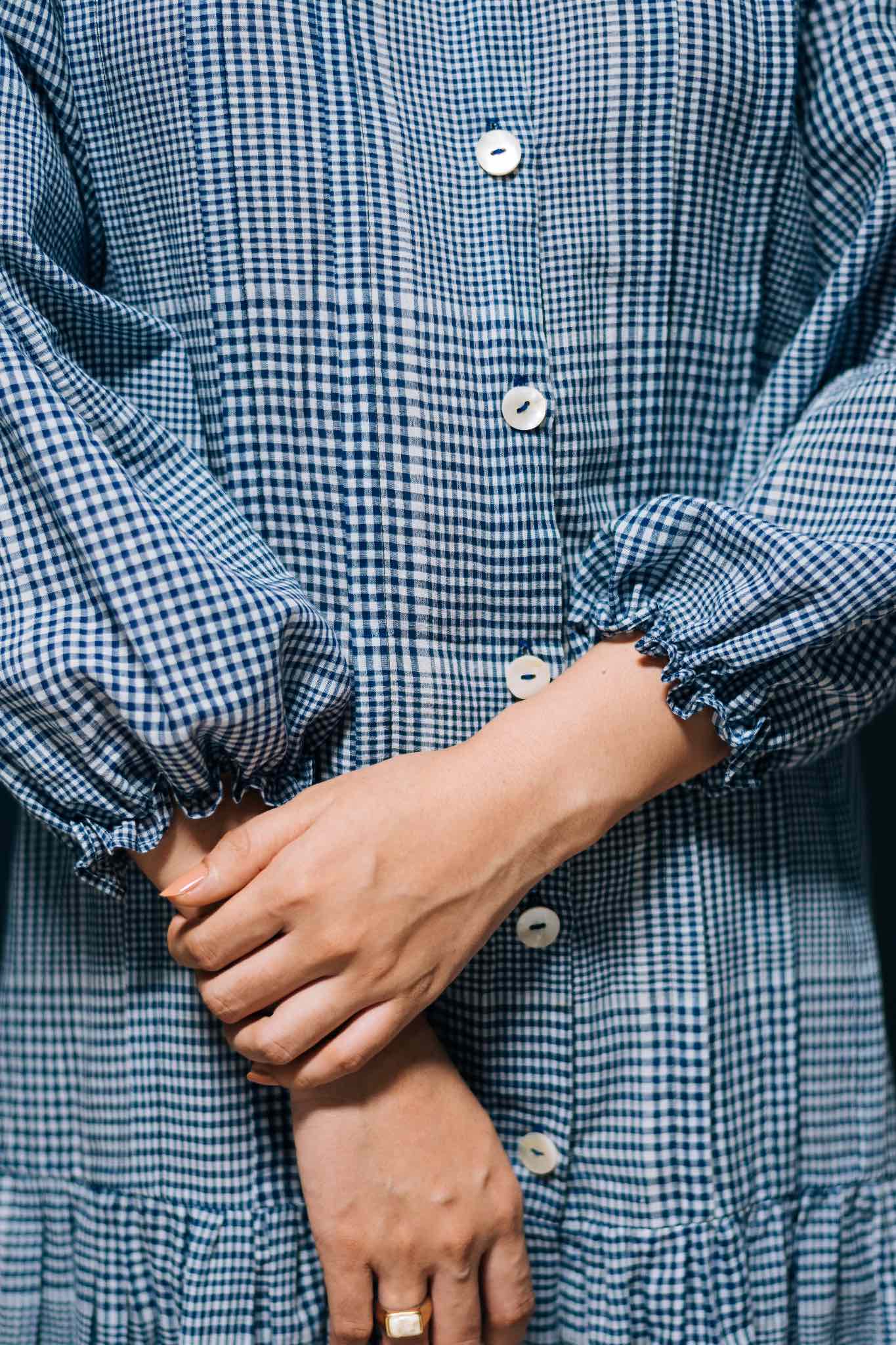 Blue and White Checkered Dress with Gathers, 3/4 Sleeves : Charulata