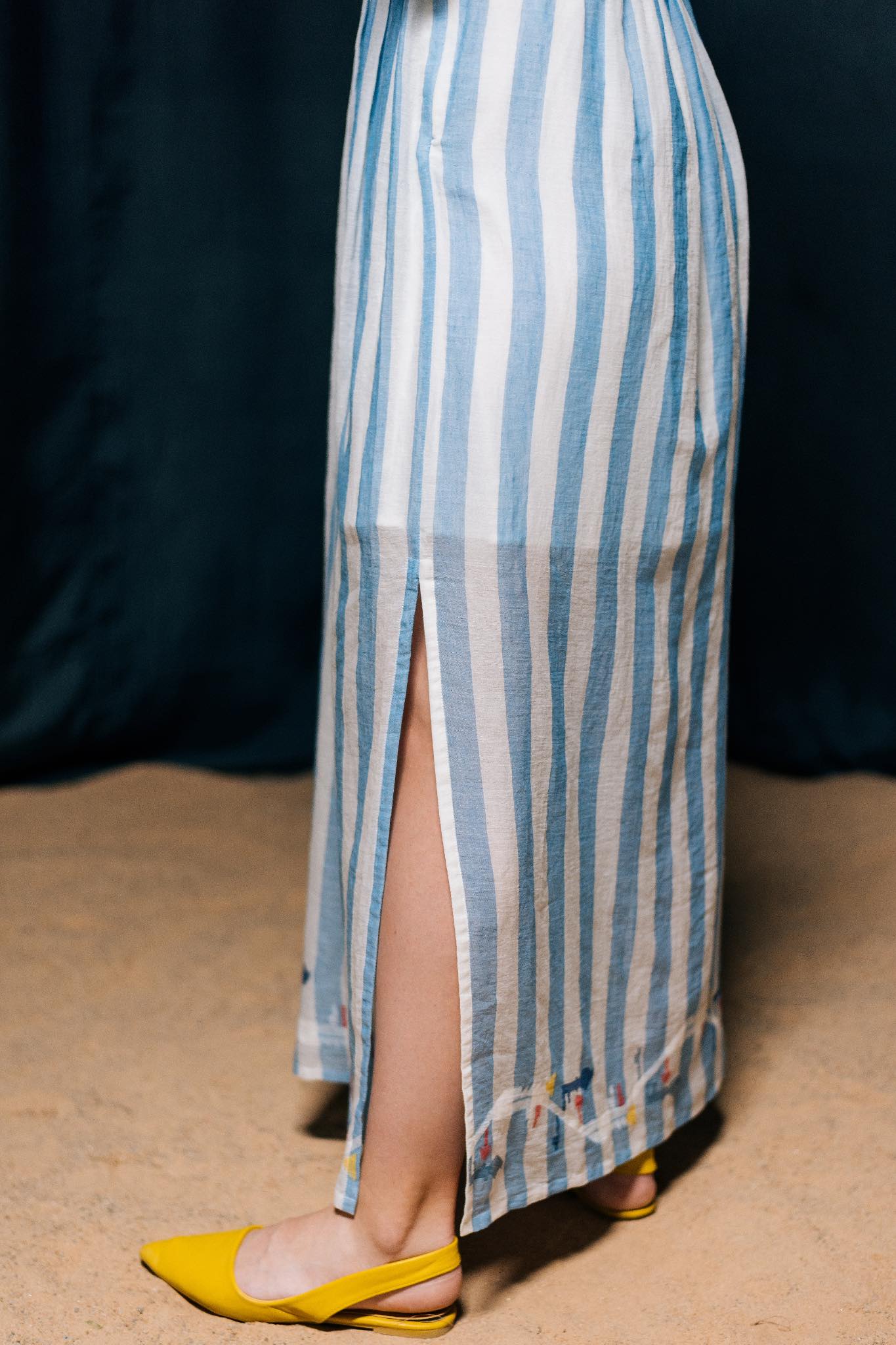 Neeraja Long Skirt with Slit with Blue and White Stripes, Jamdani - Side