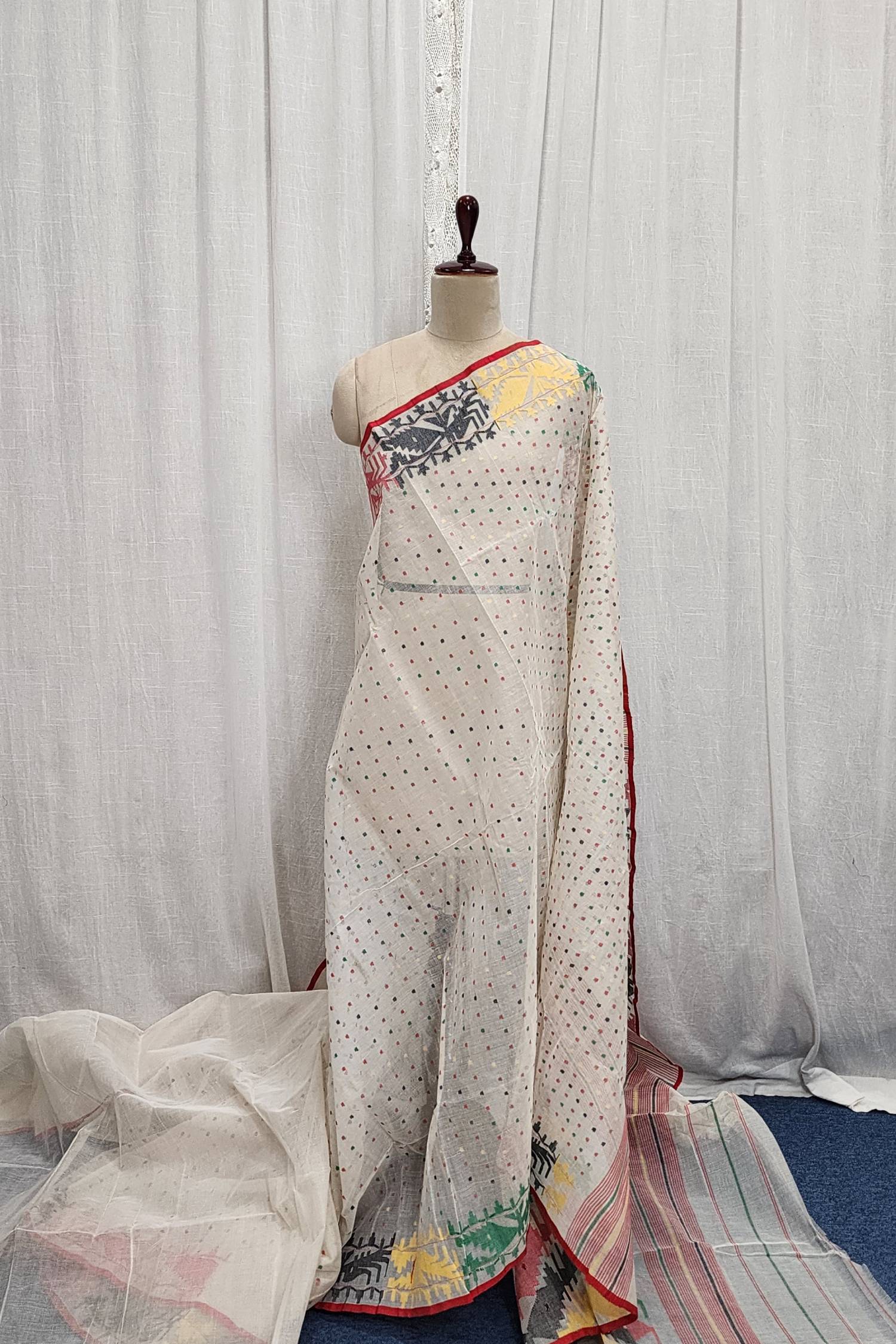 White Dhakai Jamdani Saree with Multi-Colour Butis