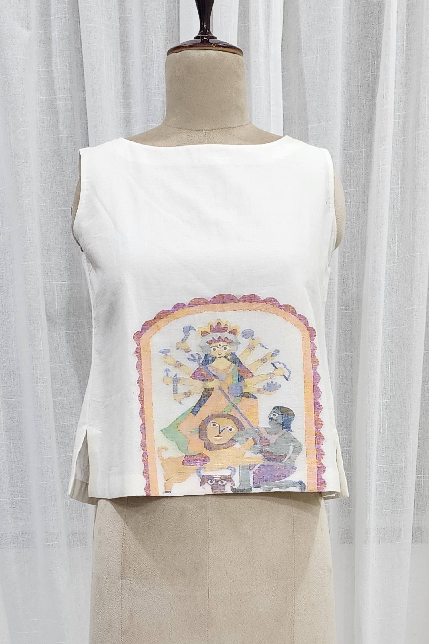 White short top with Durga Matha motif