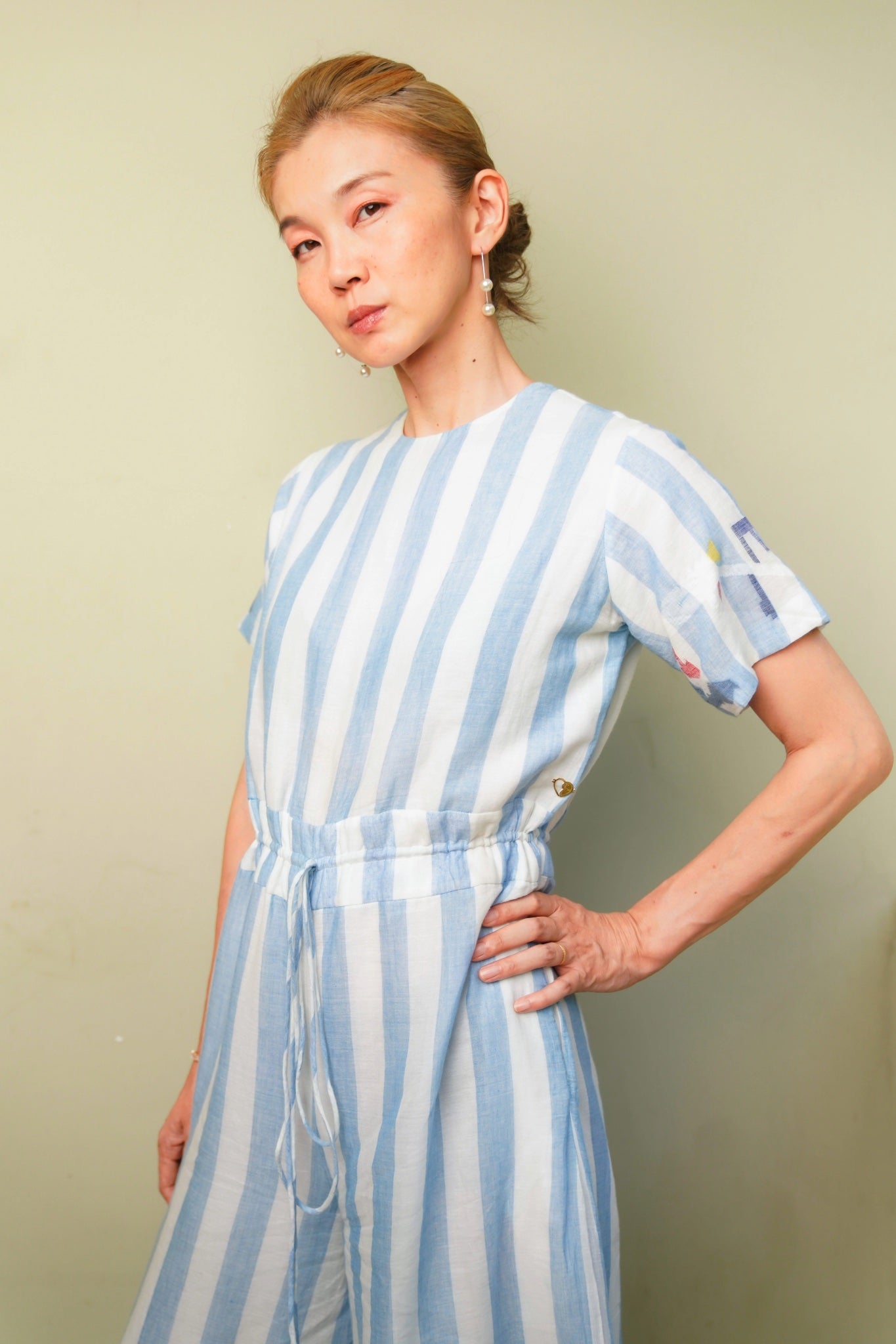 New York Blue and white striped jumpsuit , Jamdani, Drawstring waist - Side