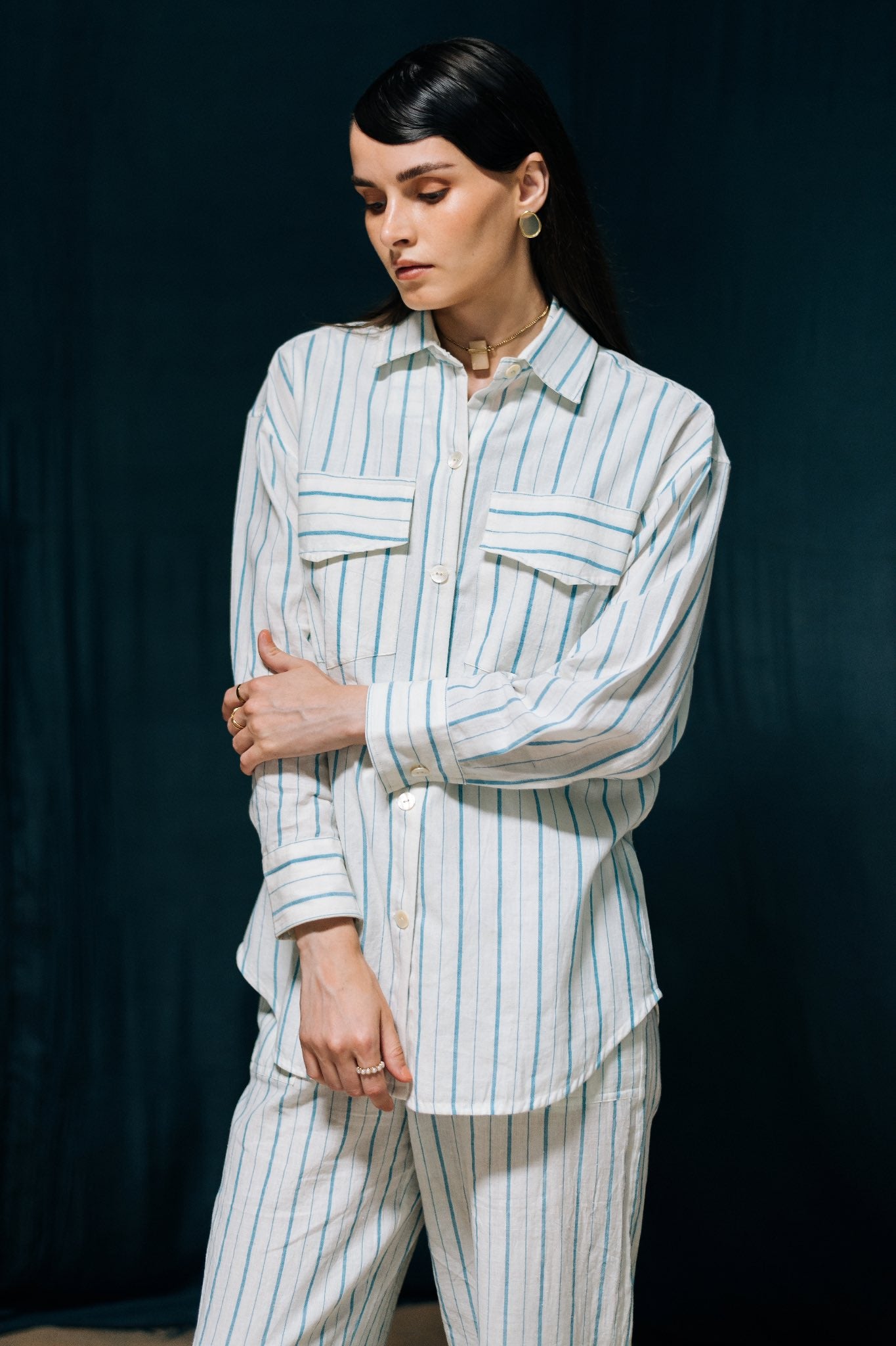 Mrinmoyee Relaxed Fit Striped Shirt , from khadi with fine tailoring - Side 
