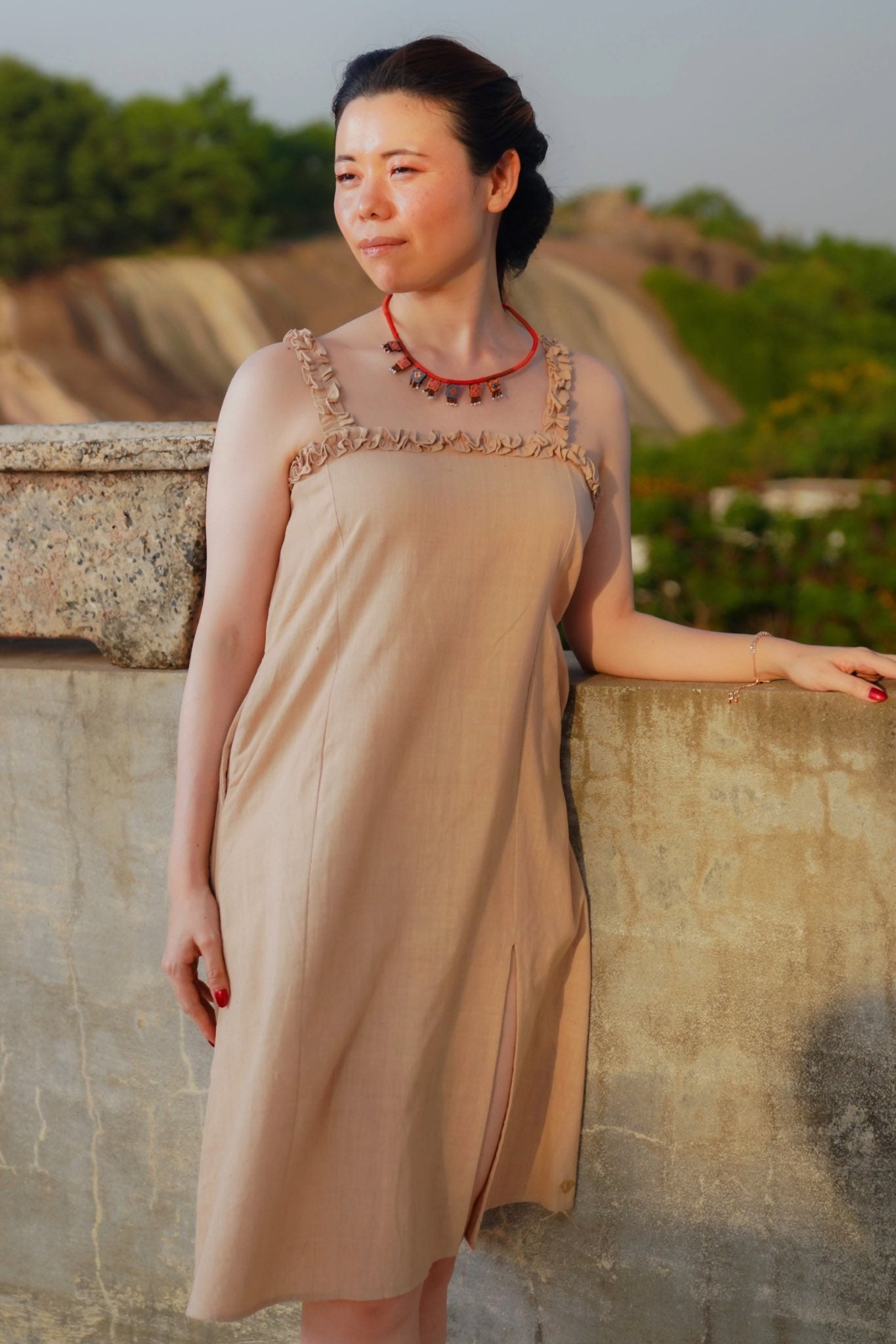 Vienna Strap summer dress from Cappuccino khadi with slit - Side