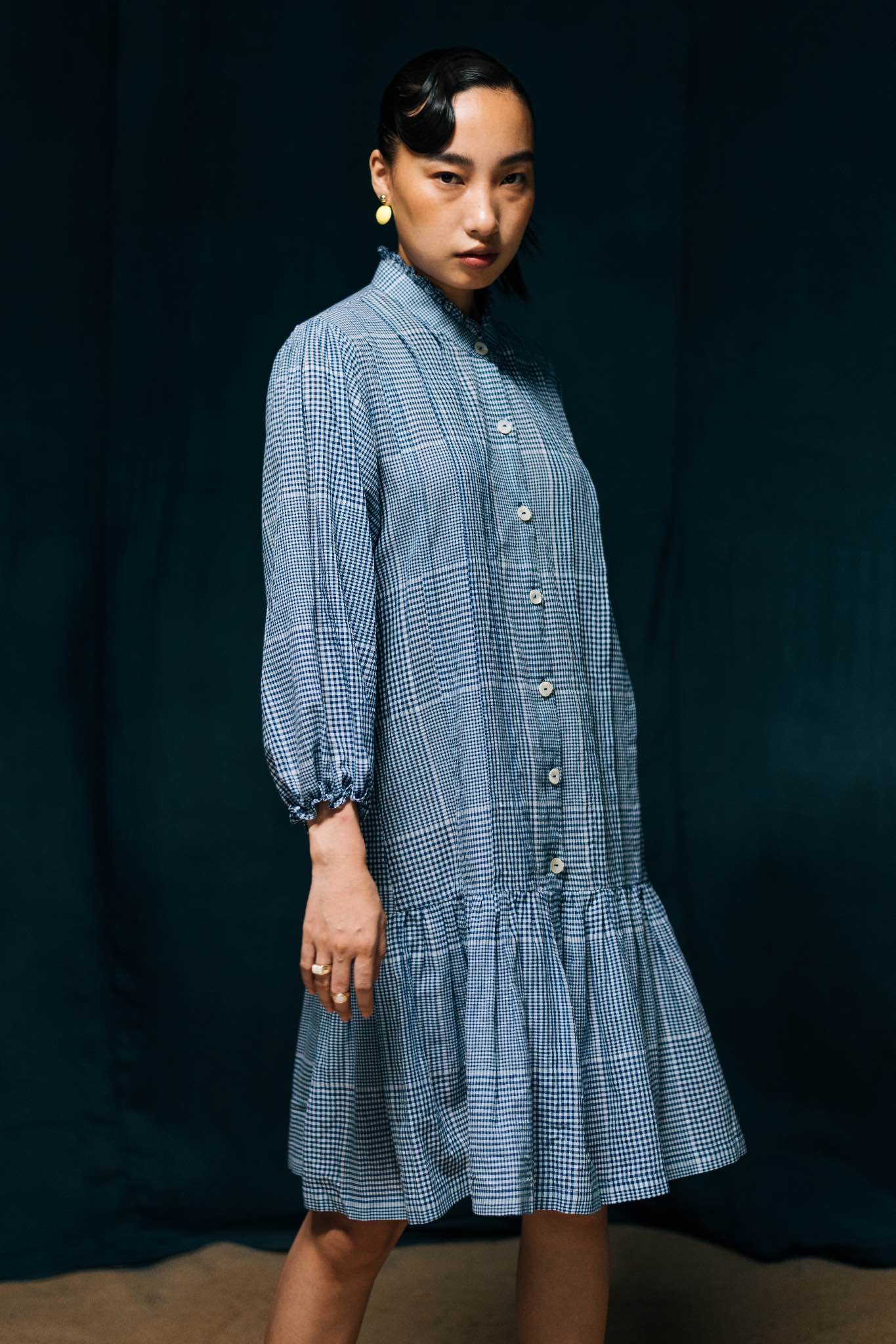 Charulata Blue and White Checkered Dress with Gathers, 3/4 Sleeves - Side