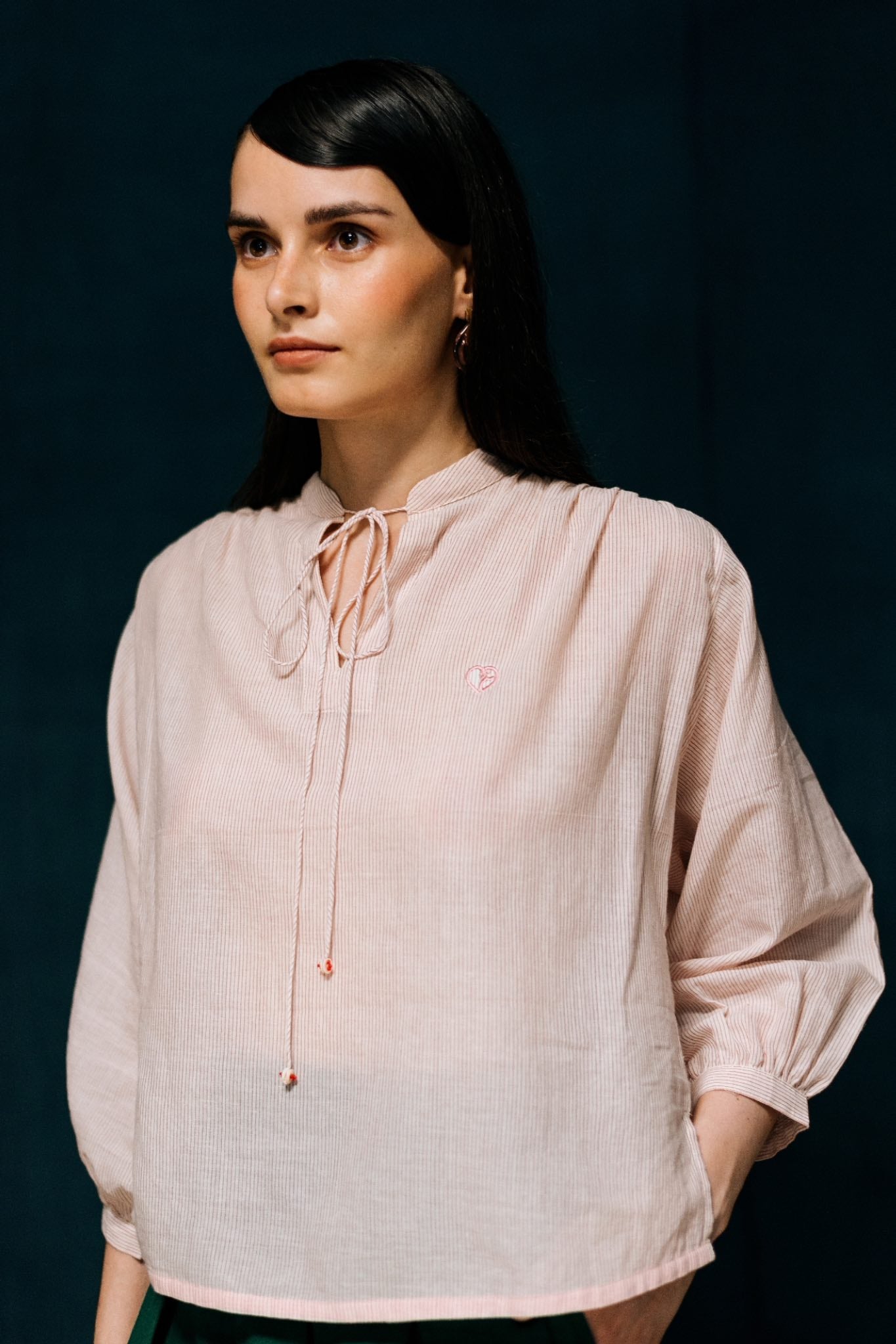 Kamala Pink Peasant Top, Finely tailored, pinstripes, long sleeves - Detail