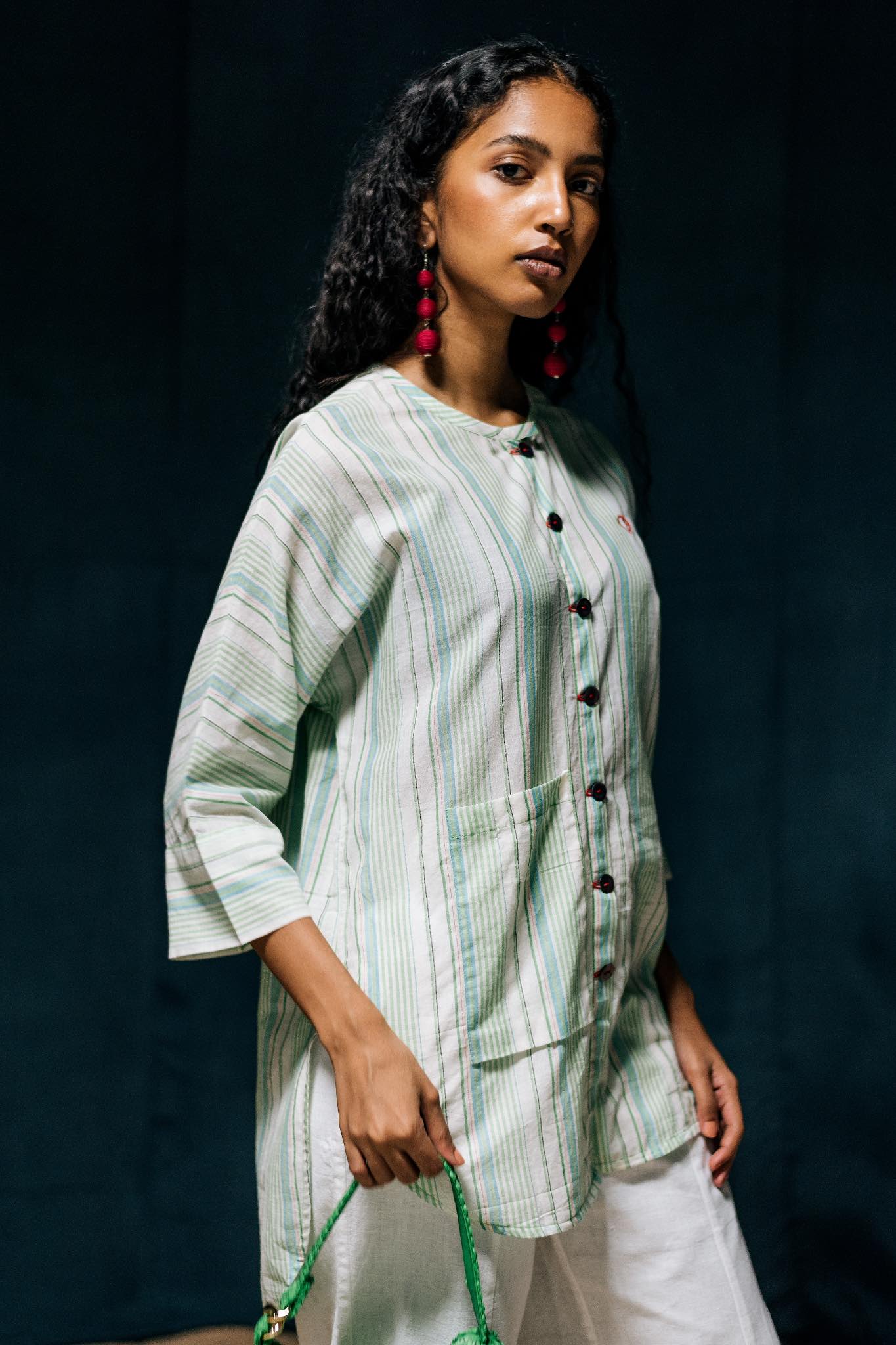 Sucharita Relaxed Fit Cotton Shirt , fresh summery stripes, muslin - Angle