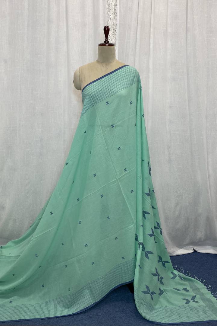 Sea Green Jamdani Saree with Blue Motifs