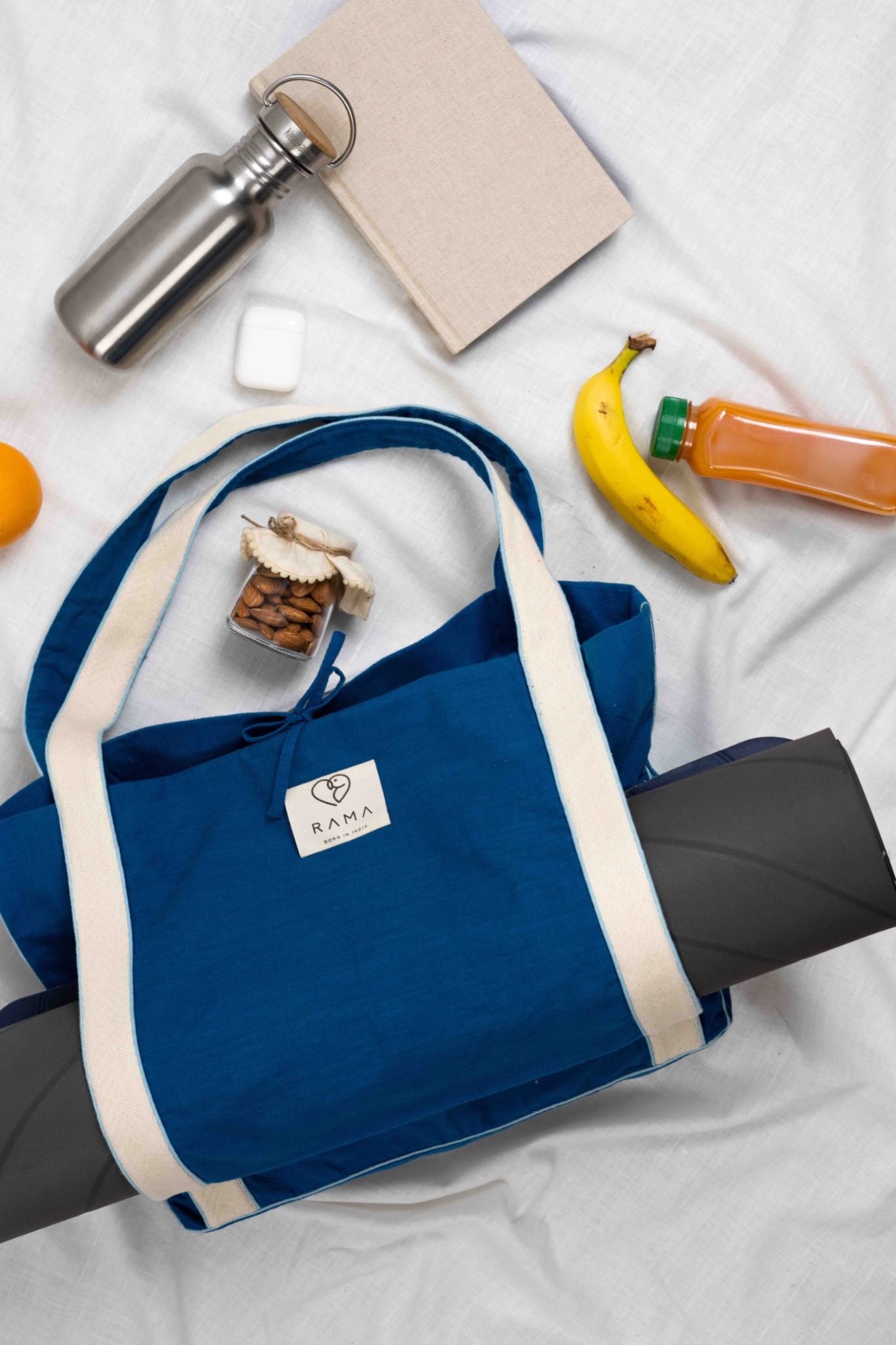 gym bag with yoga mat holder ,blue khadi, lined, sturdy, versatile