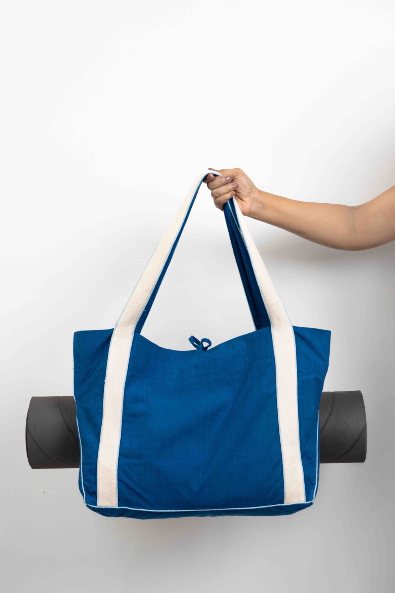 gym bag with yoga mat holder ,blue khadi, lined, sturdy, versatile – Label  Rama