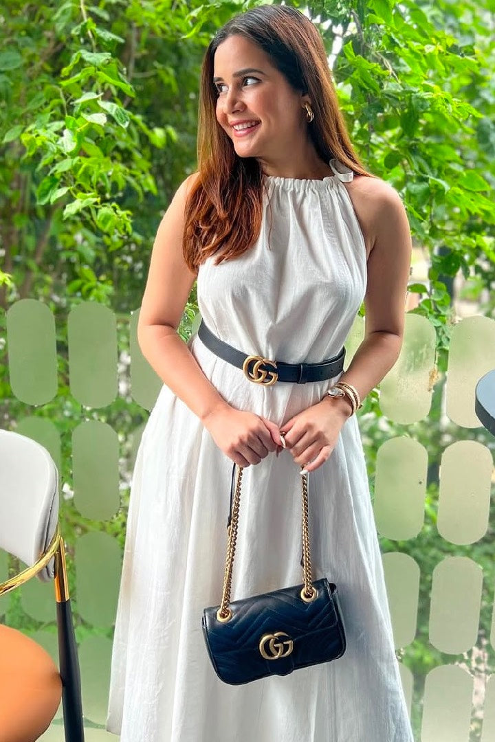 Paneled dress with shoulder tie-up