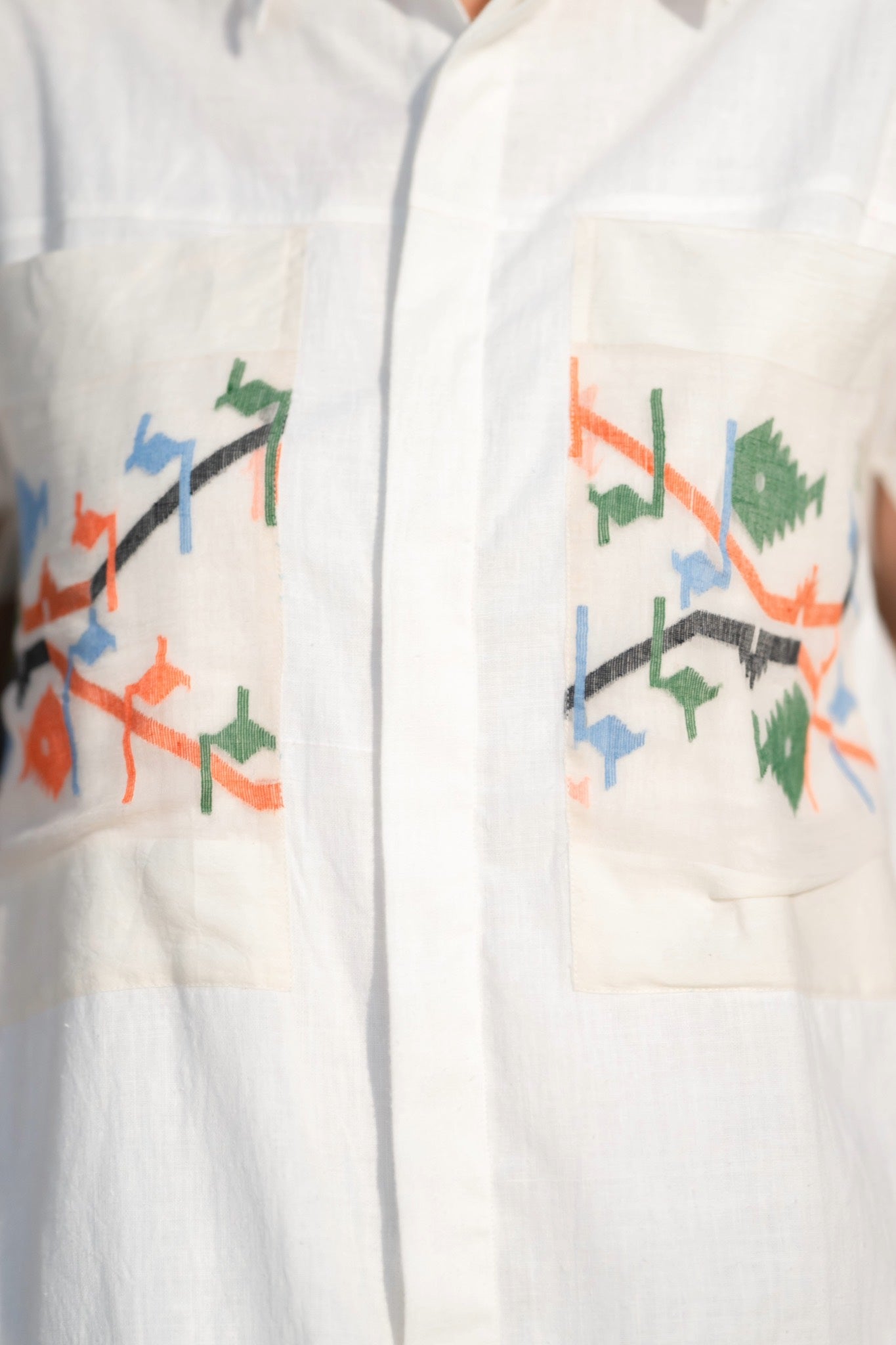 Paris White Shirt dress , Khadi, Collar, Shortsleeve, Jamdani pockets - Detail