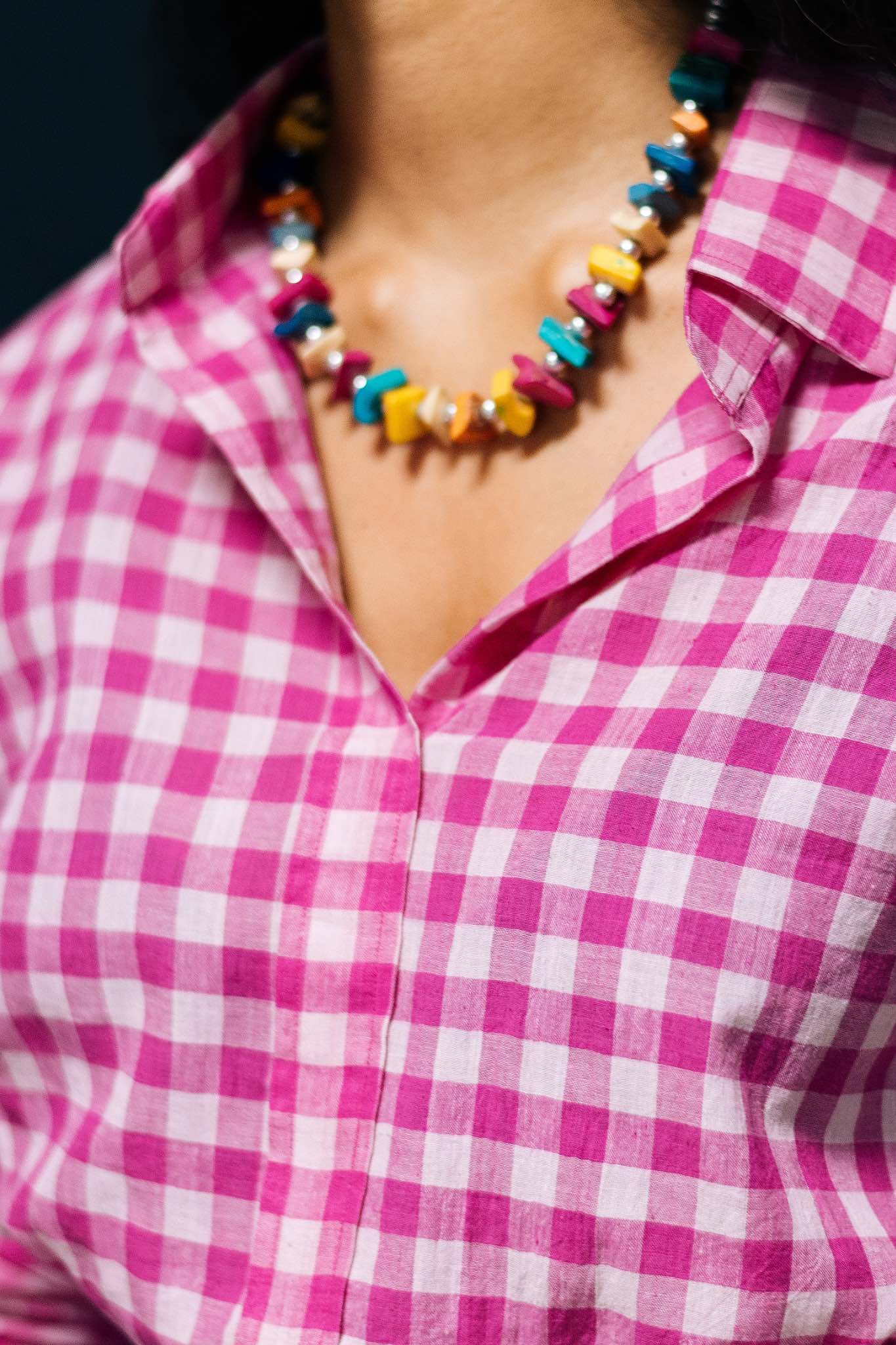 Kalyani Checked Crop Shirt , Jaunty Pink, Elastic Waist, Long Cuffs - Detail