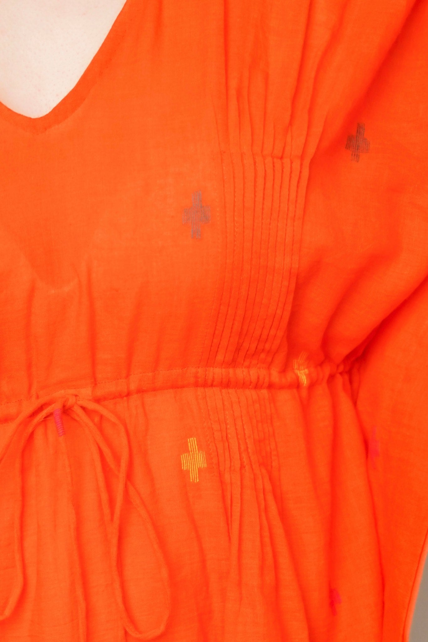 Bora Bora Orange Kaftan Dress with pintucks and drawstring waist - Detail