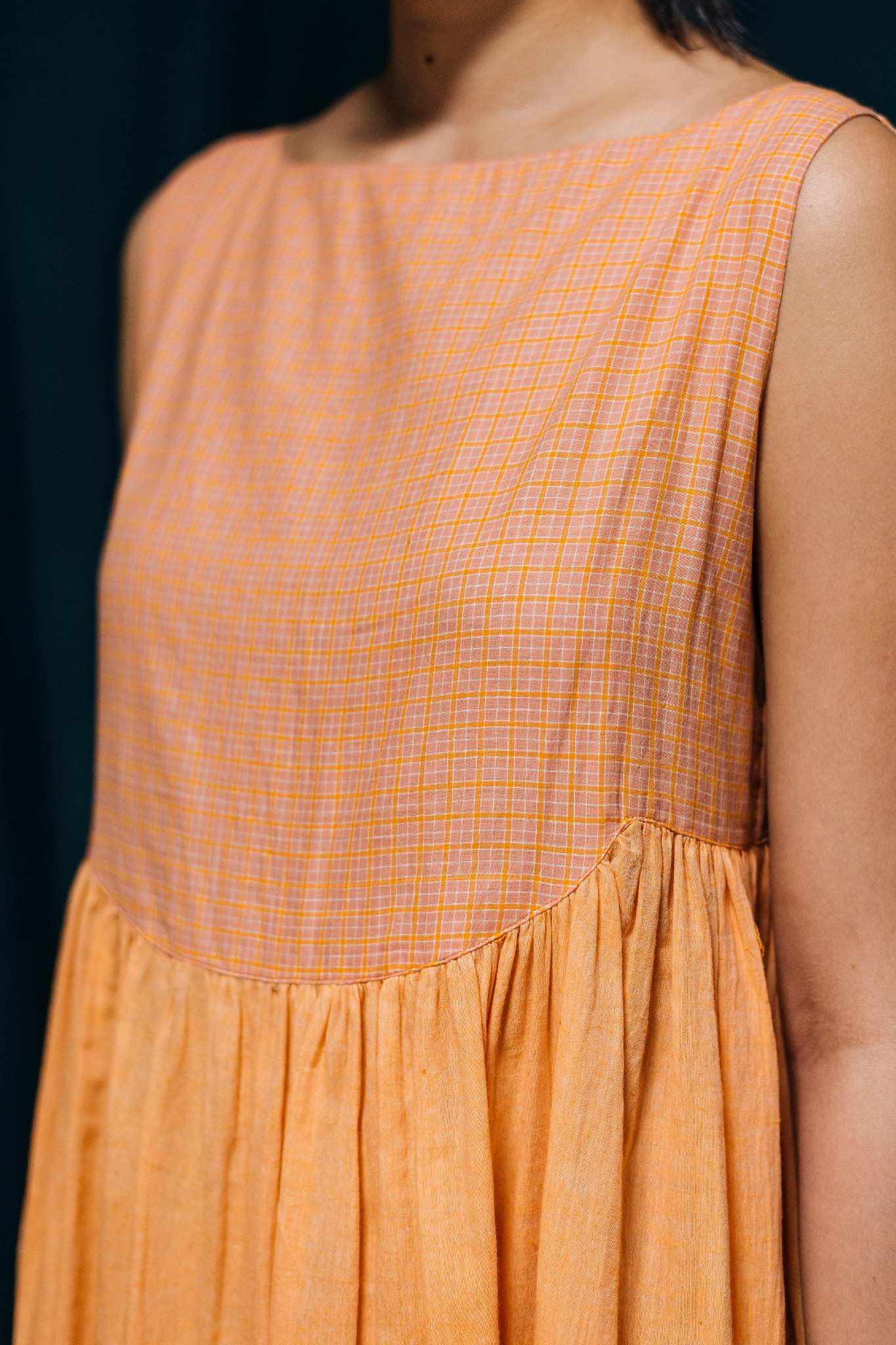 Kadambini Reversible Dress, Subtle Peach Checks, Orange, Sleeveless - Bodice