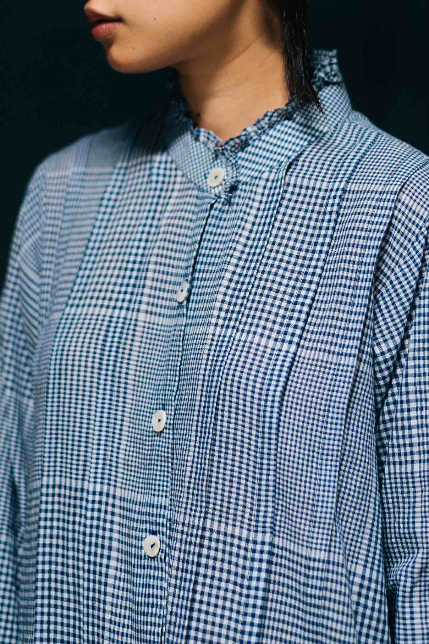 Charulata Blue and White Checkered Dress with Gathers, 3/4 Sleeves - Detail