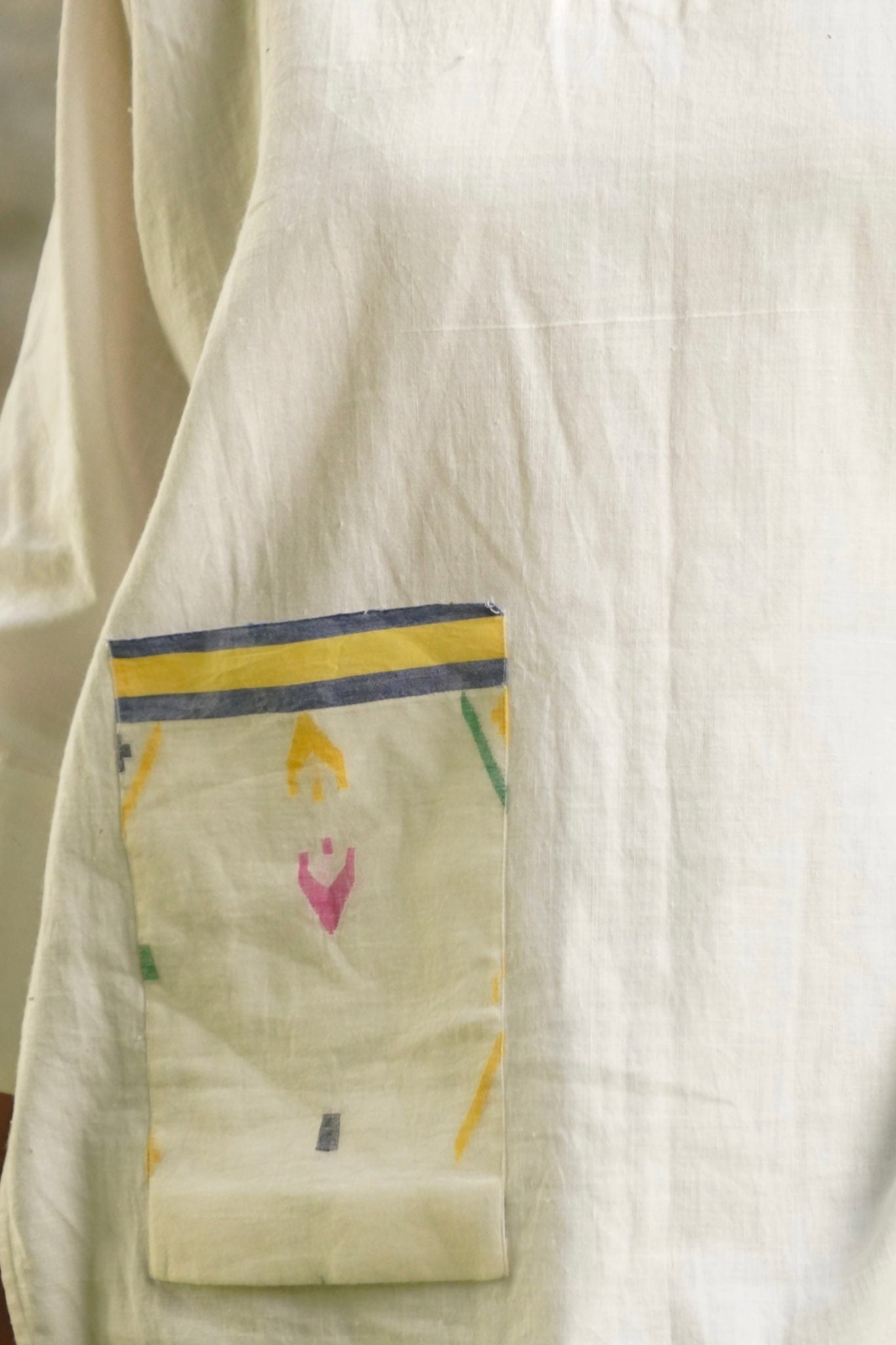 Tokyo White Khadi Shirt with oversized Jamdani motif pocket - Detail