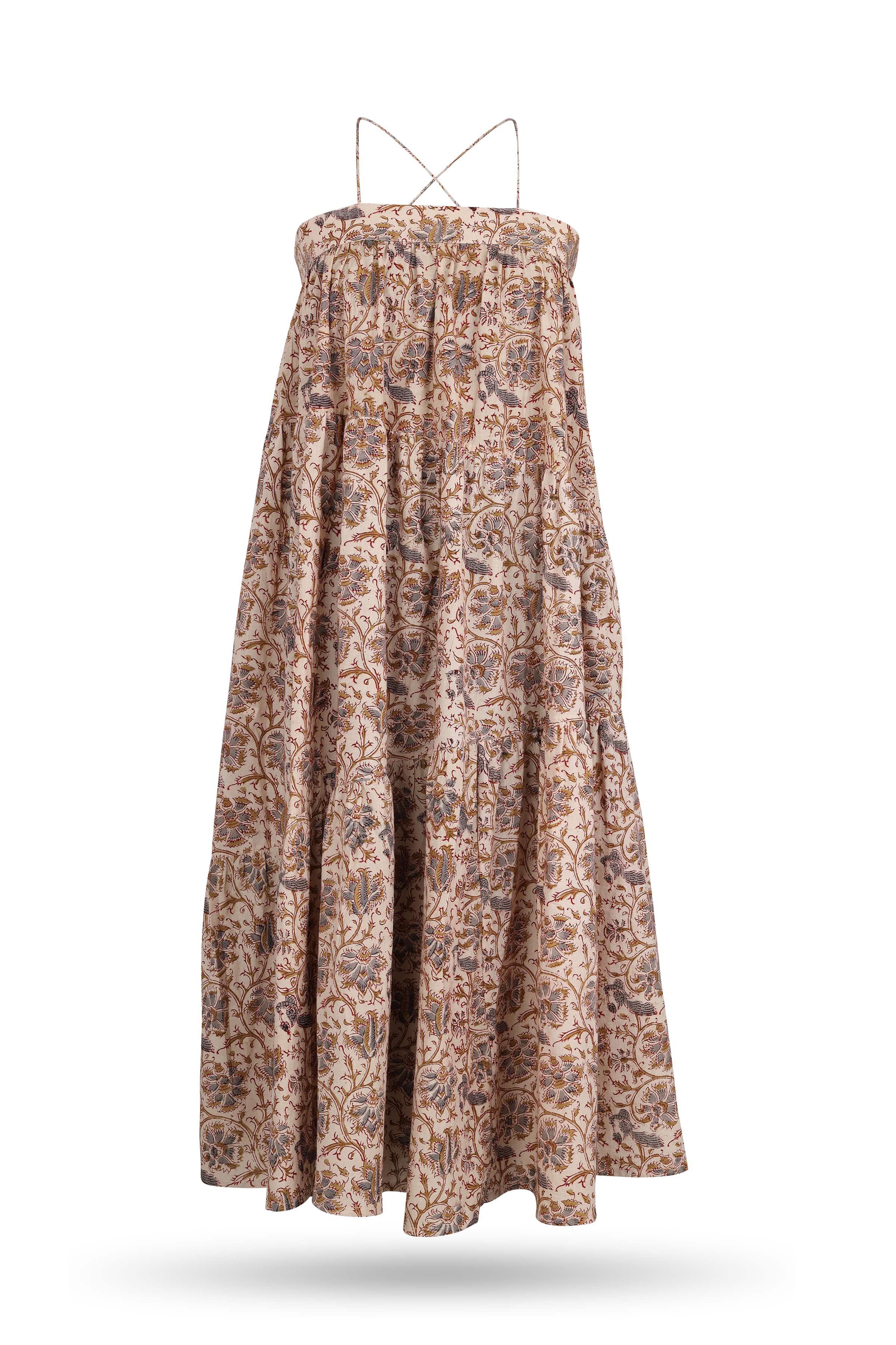 Tiered Dress with Noodle Straps-100% cotton- beige multi- Chintz- front g