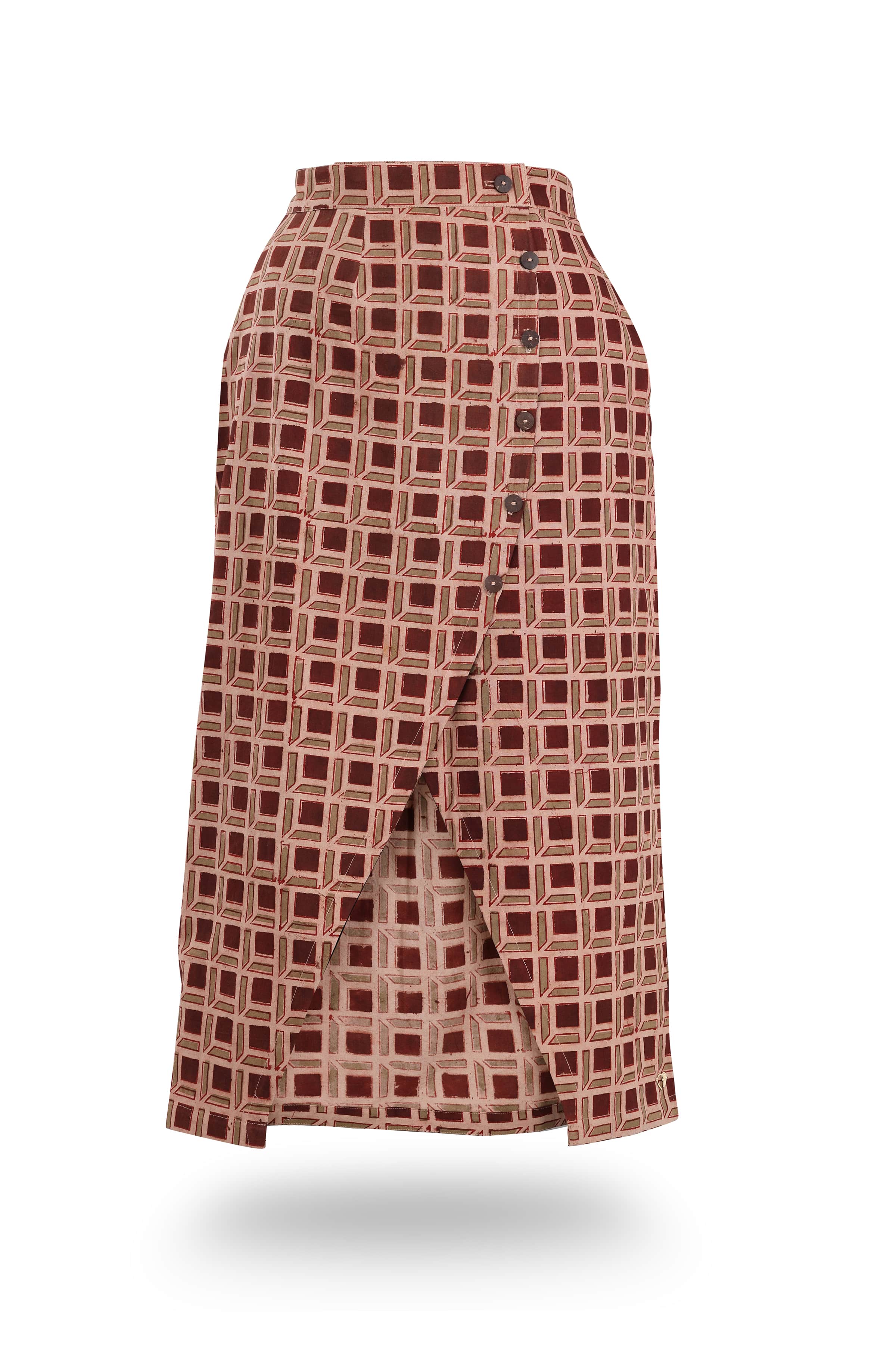 Pencil Fit Skirt with Button Detail- 100% cotton- Multi - Chintz- frontg